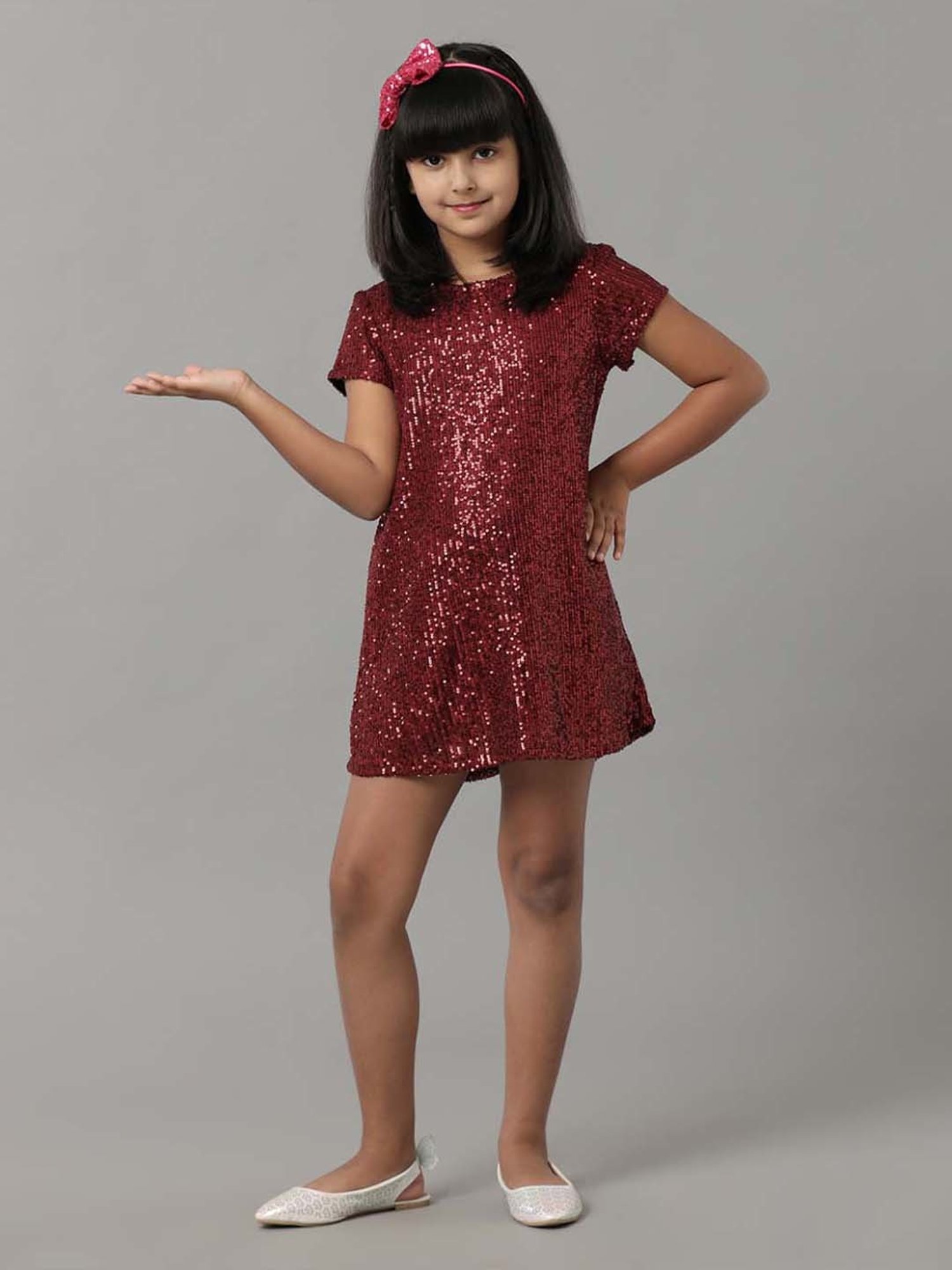 Under Fourteen Only Kids Maroon Embellished Dress