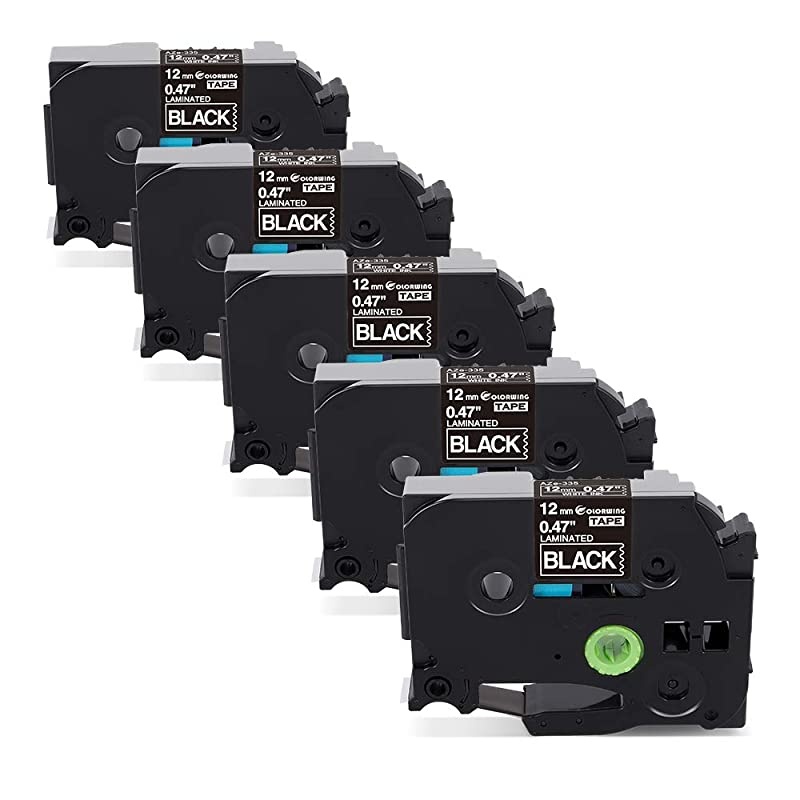 Compatible Label Tape Replacement for Brother Ptouch TZe-335 TZ-335 12mm 0.47 inch Laminated White on Black Label Tape, for Brother PT-D210 PT-D400 PT-D600 PT-H110 Label Makers, 5 Pack