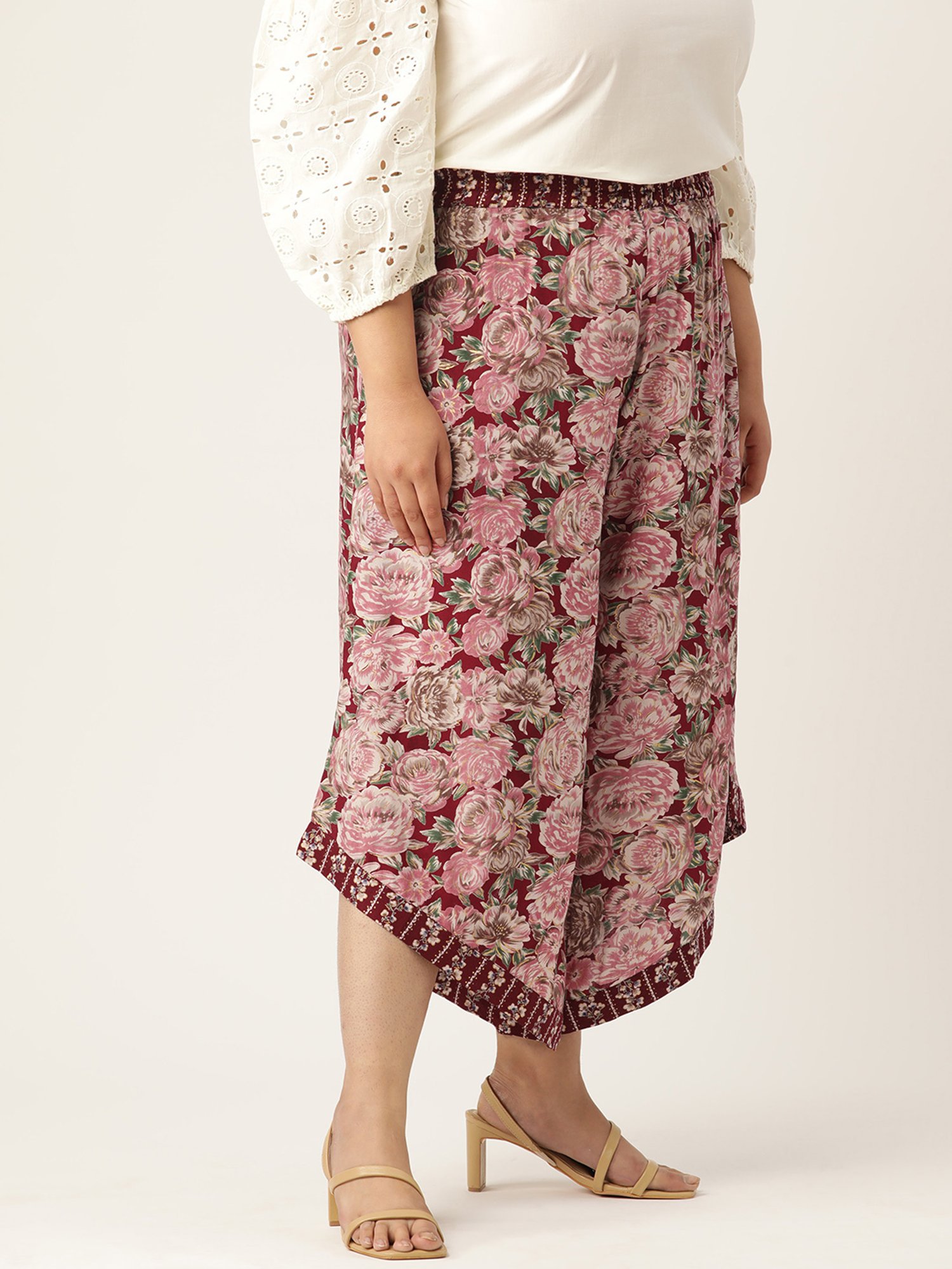 theRebelinme Maroon Floral Print Relaxed Fit High Rise Plus Size Culottes