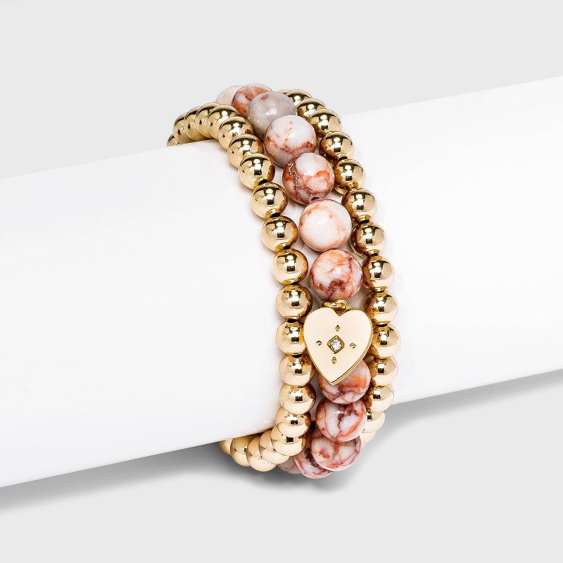 Beloved + Inspired Gold Rose Quartz and Red Picasso Jasper with Heart Charm Trio Stretch Bead Bracelet Set - Pink Rose