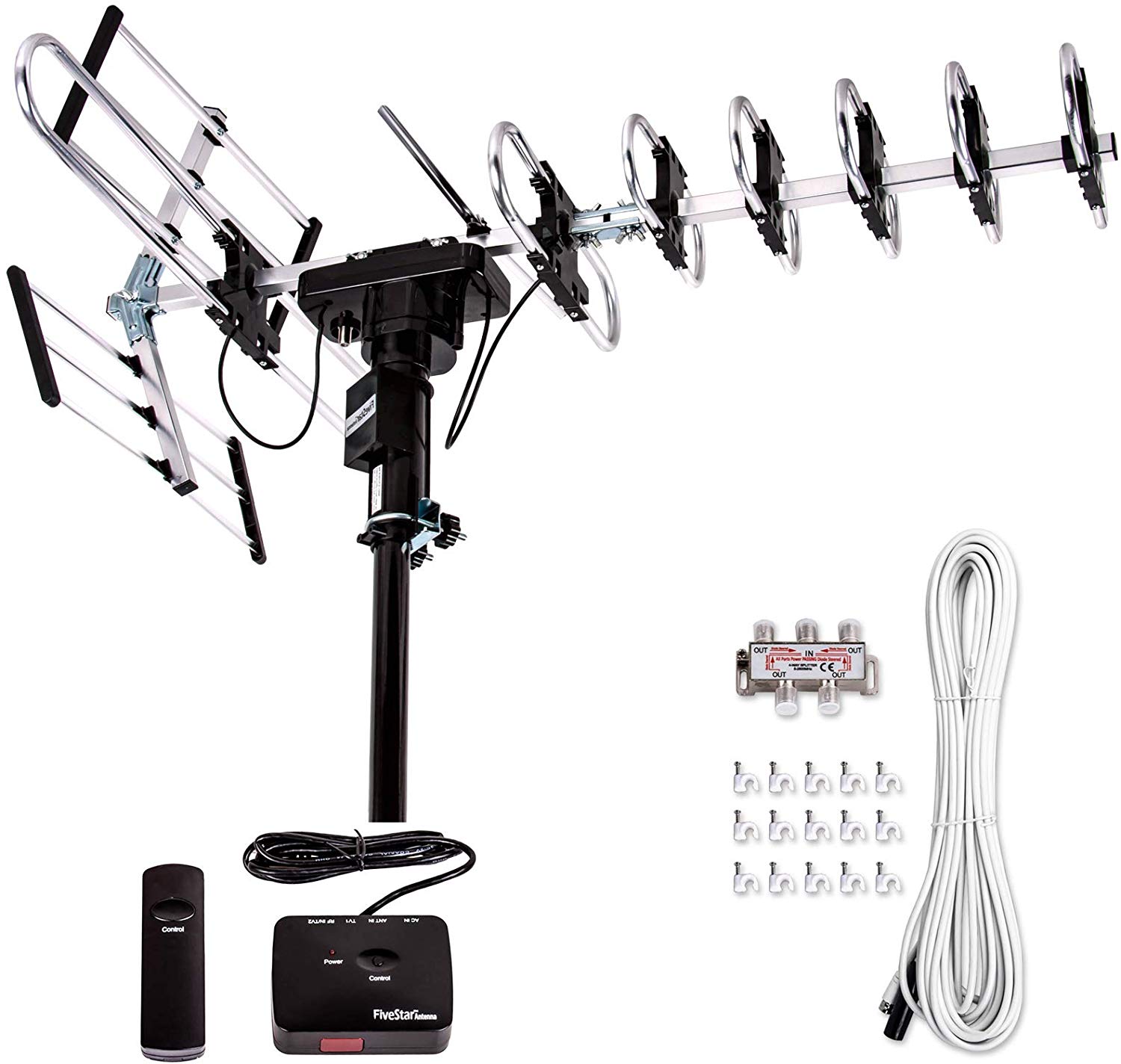 Five Star [Newest 2020] Outdoor Antenna Digital Amplified HDTV w/ up to 200-Mile Long Range,360 Degree Directional Rotation, Water/UV Resistant, Supports 5 TVs with Installation Kit