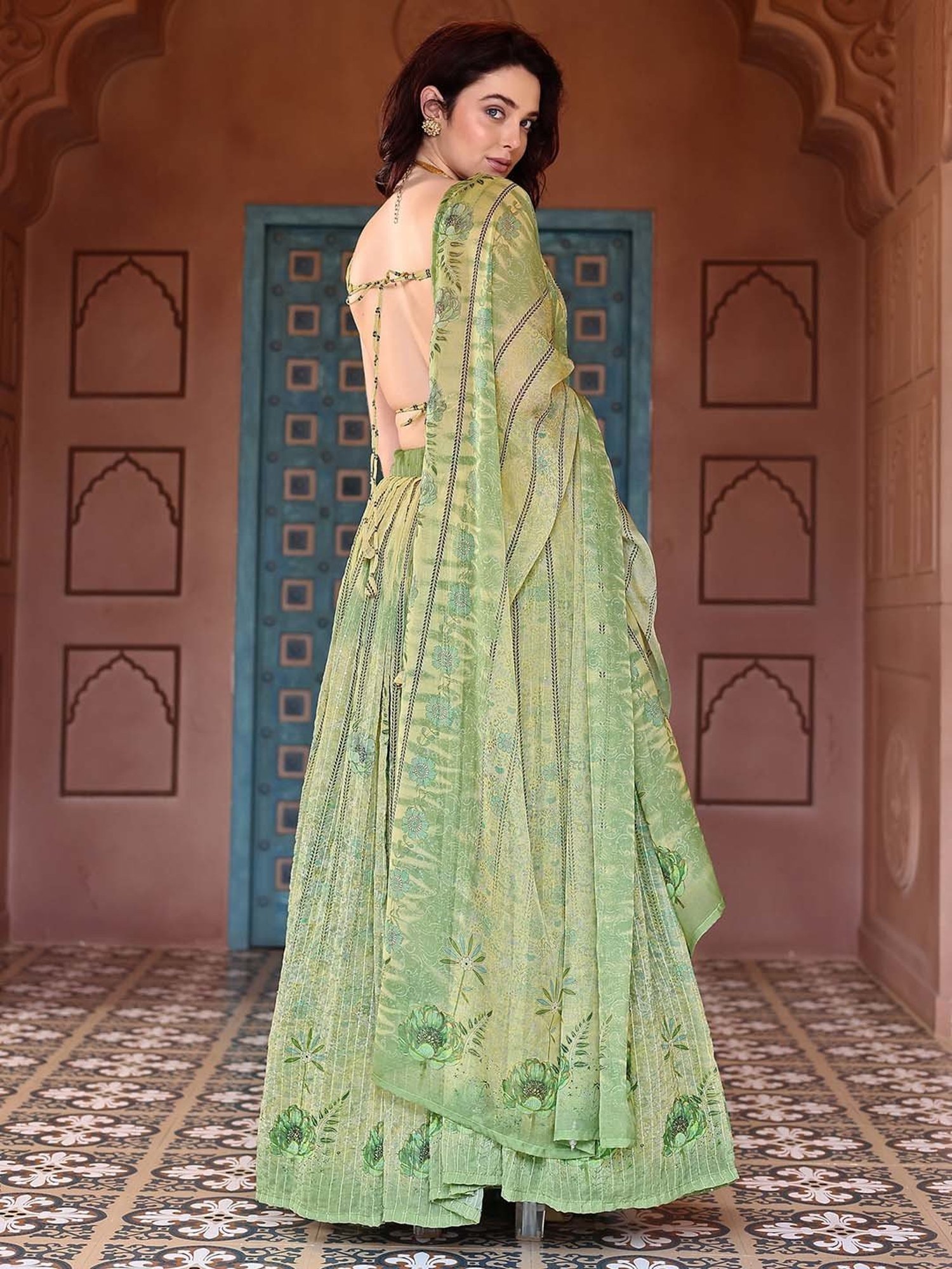 PURVAJA Parrot Green Printed Lehenga Choli Set With Dupatta