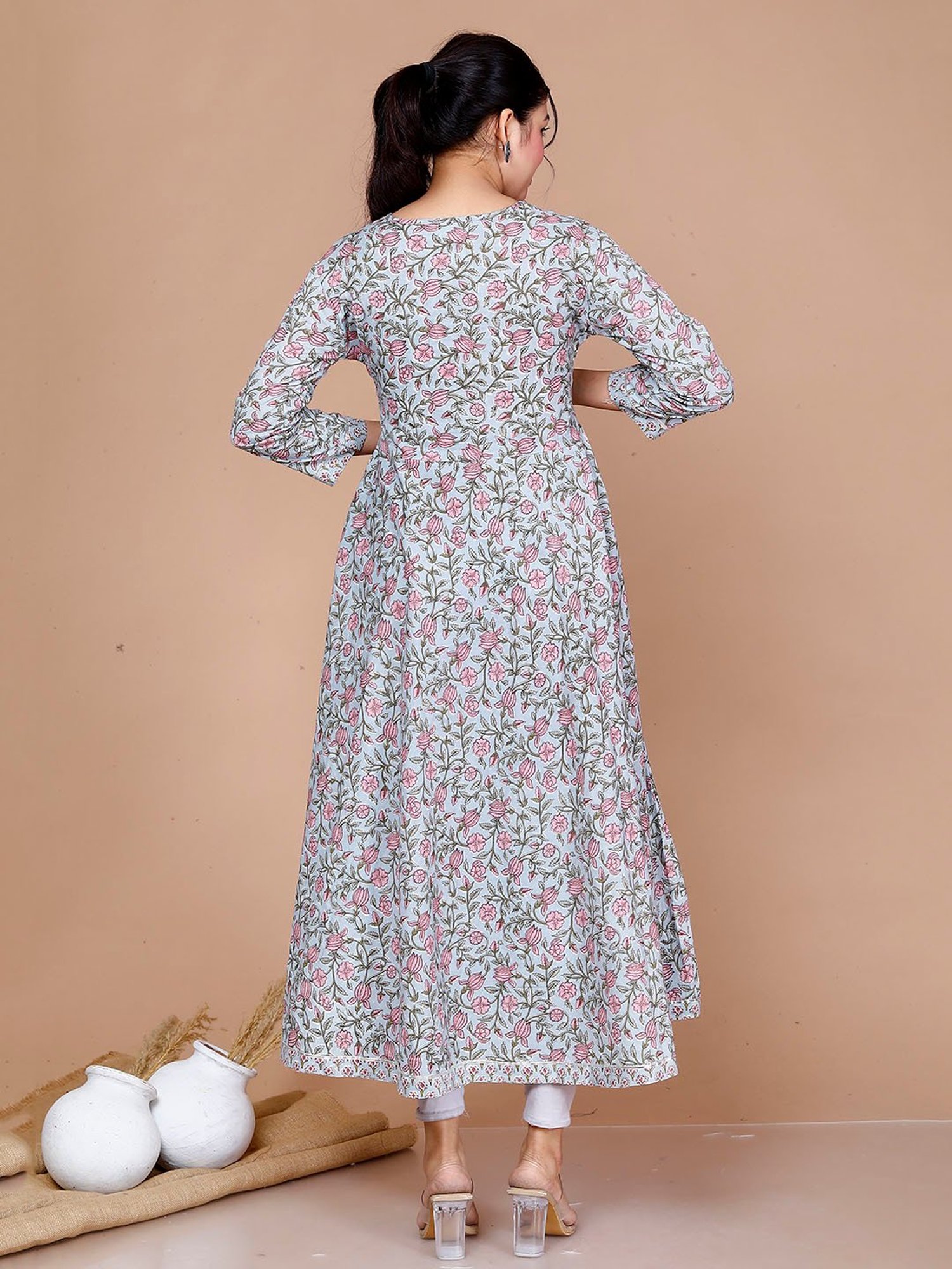 Miravan Light Blue Floral Print Fit & Flare Kurta