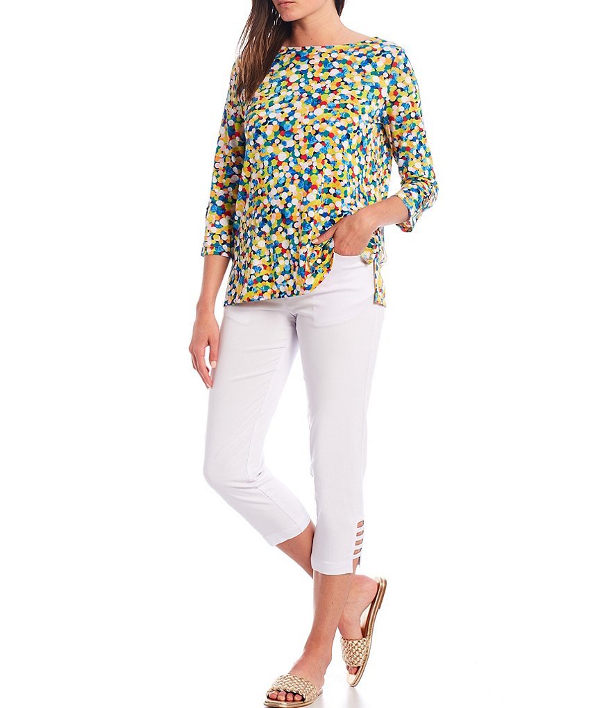 Multiples Multicolor Texture Dot Print Button Detail 3/4 Sleeve Slub Knit Top