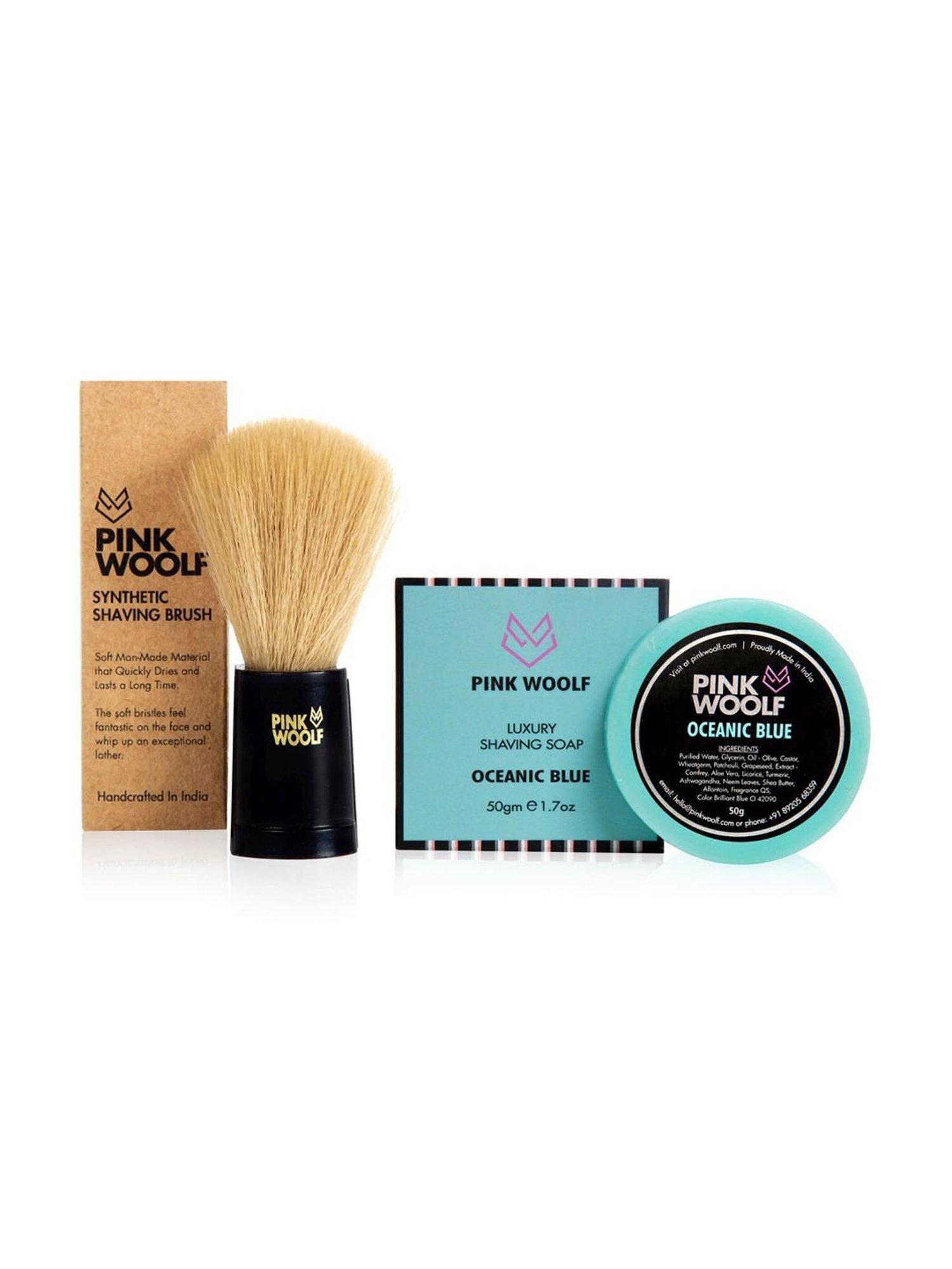 Pink Woolf Shaving COMBO Soft Bristles Shaving Brush and Shaving Soap REFILL Oceanic Blue