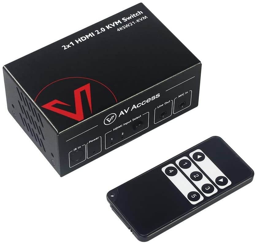 AV Access 2 in 1 Out UHD 4K@60hz 1080P@120Hz KVM Switch HDMI 2.0 with HDR 10 and 3D 18Gbps Zero Latency for 2 PCs Mic in/Audio Out IR & Button Control USB 2.0 Ports for Mouse Keyboard etc.