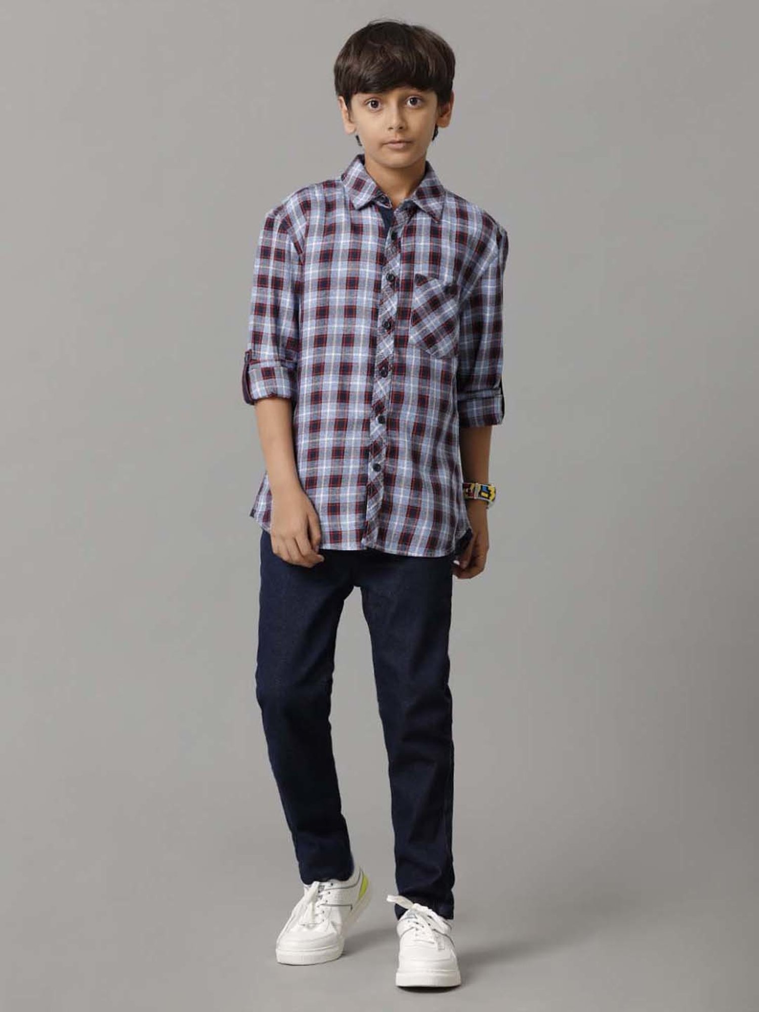 Under Fourteen Only Kids Navy Cotton Chequered Full Sleeves Shirt