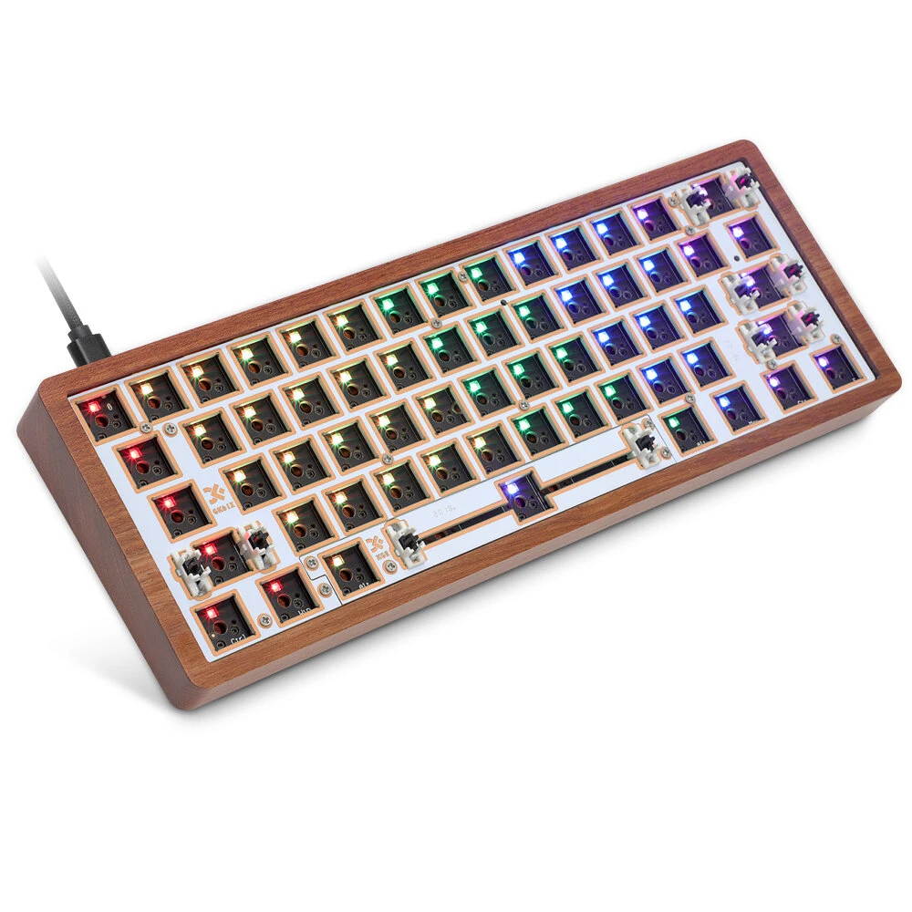 [Wooden Case Version] Geek Customized GK61X GK61XS Keyboard Kit RGB Wired bluetooth Dual Mode Hot Swappable 60% PCB Mounting Plate Customized Kit