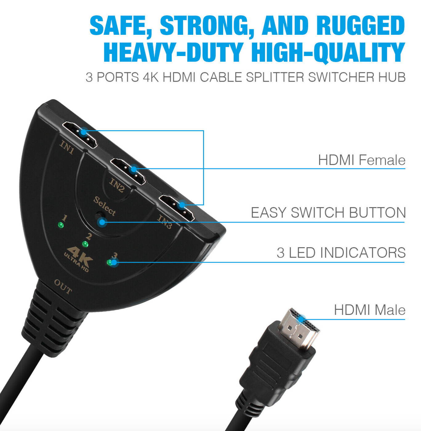 3 HDMI Port Switch Switcher Splitter HUB Box Cable For HDTV 1080P Xbox PS4