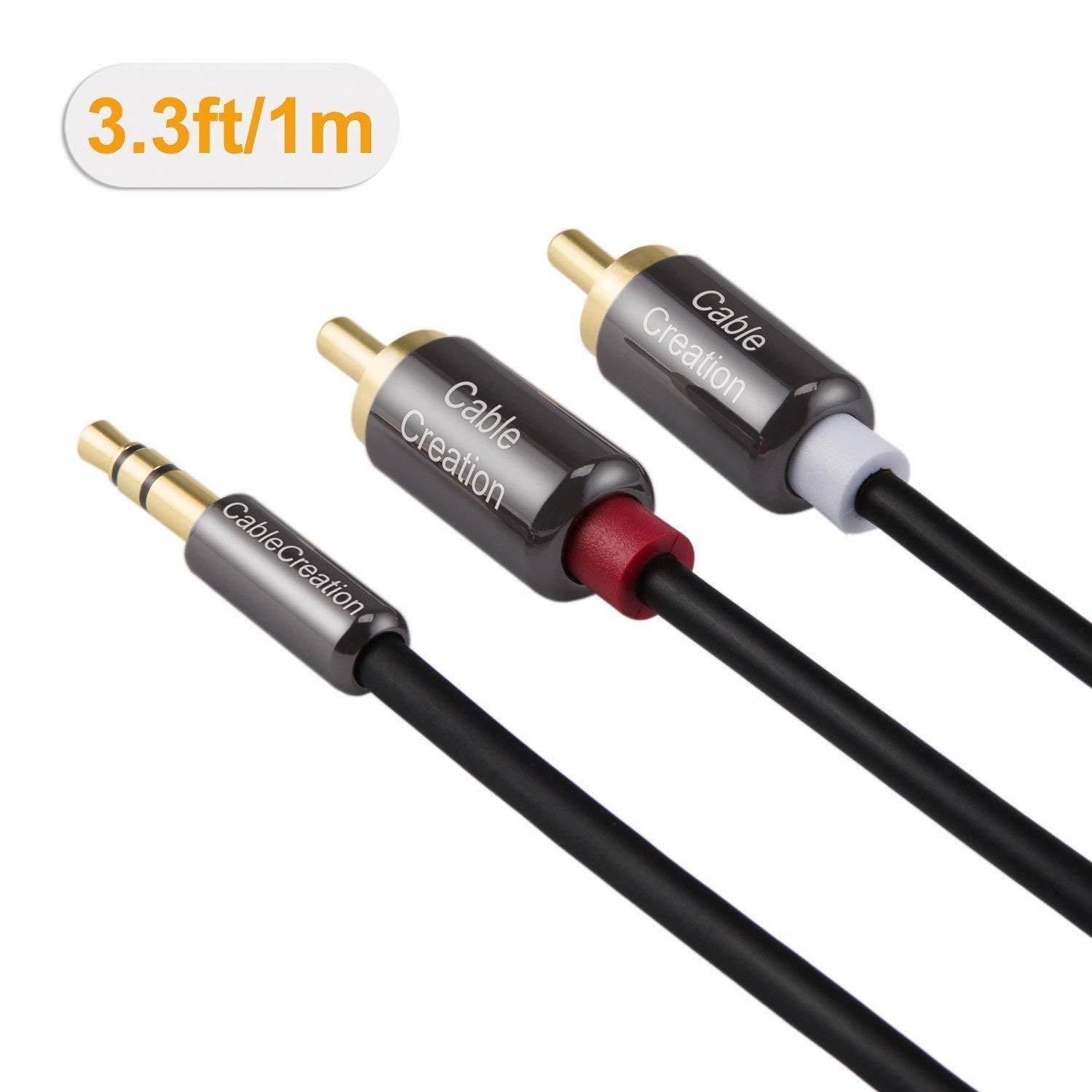 Cablecreation 3 Feet RCA Audio Cable 3.5mm Male to 2-Male RCA Cable, Y Splitter Design Stereo Audio RCA Male Cable, 1 Meter, Black