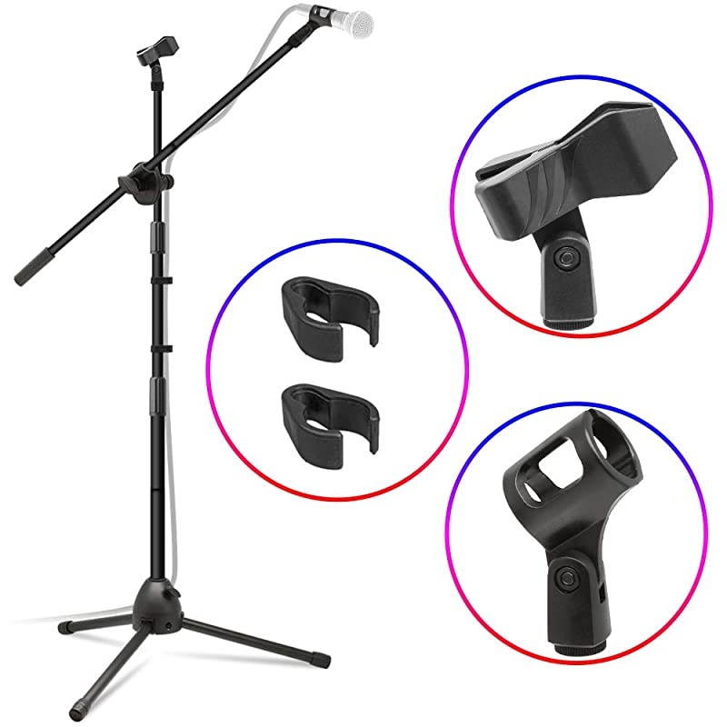 Microphone Stand Heavy Duty Adjustable Collapsible Tripod Boom Mic Stands with 2 Mic Clip Holders for Performance Karaoke Singing Speech Wedding Stage and Outdoor Activity Black