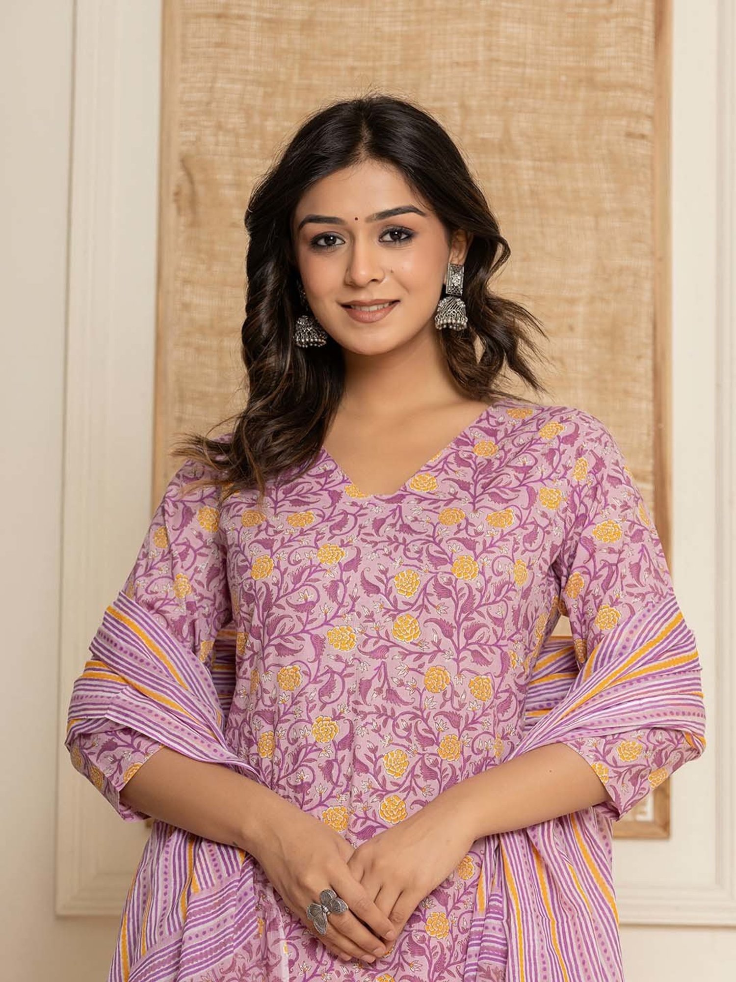 Yufta Purple Cotton Printed Kurta Dhoti Pant Set With Dupatta