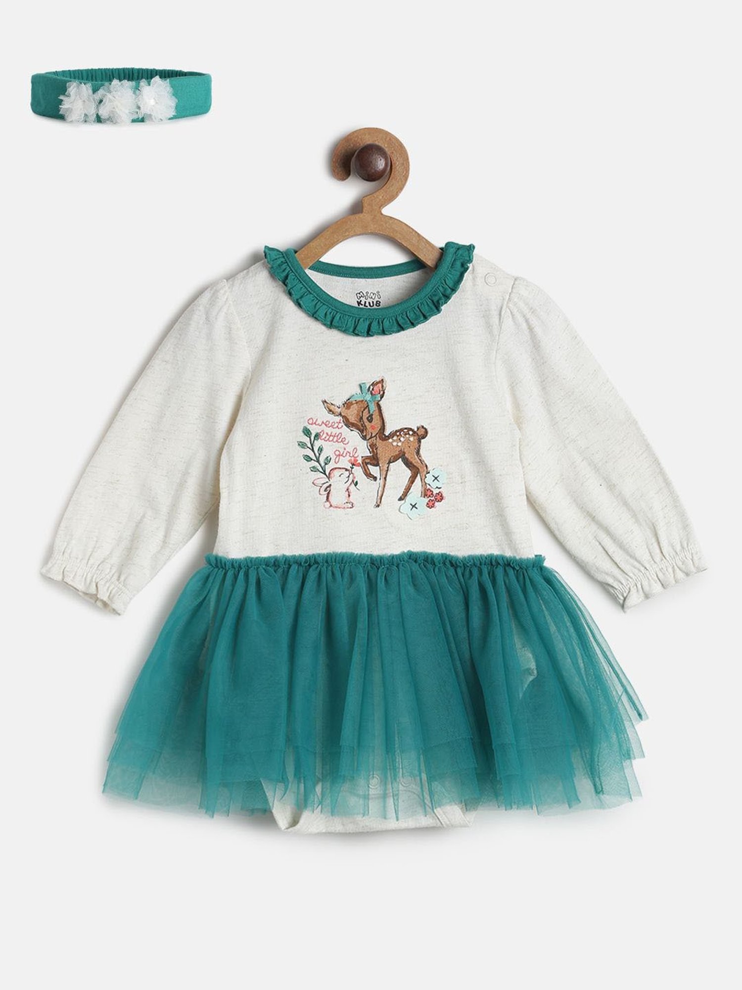 MINIKLUB Kids Teal & Beige Printed Full Sleeves Bodysuit with Hairband