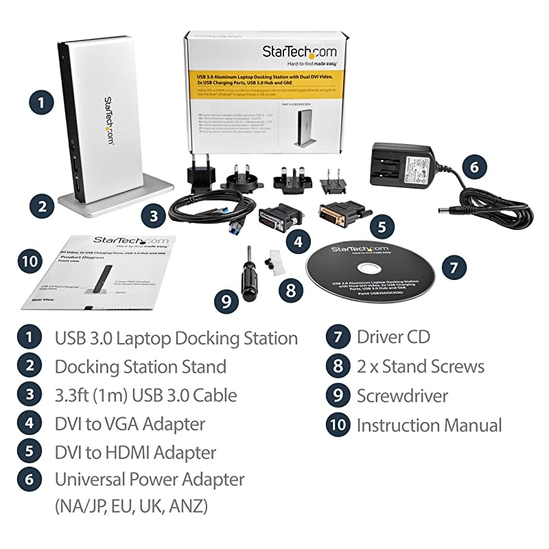com Dual Monitor USB 3.0 Docking Station w/ DVI to VGA & HDMI Adapters, 5x USB 3.0 & Audio - Vertical DVI Dock for Mac & Windows (USB3SDOCKDD),Black & silver