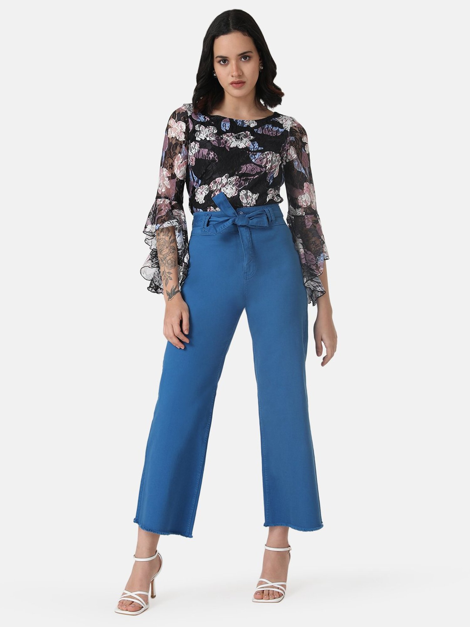 Kazo Printed Lace Top With Bell Sleeves