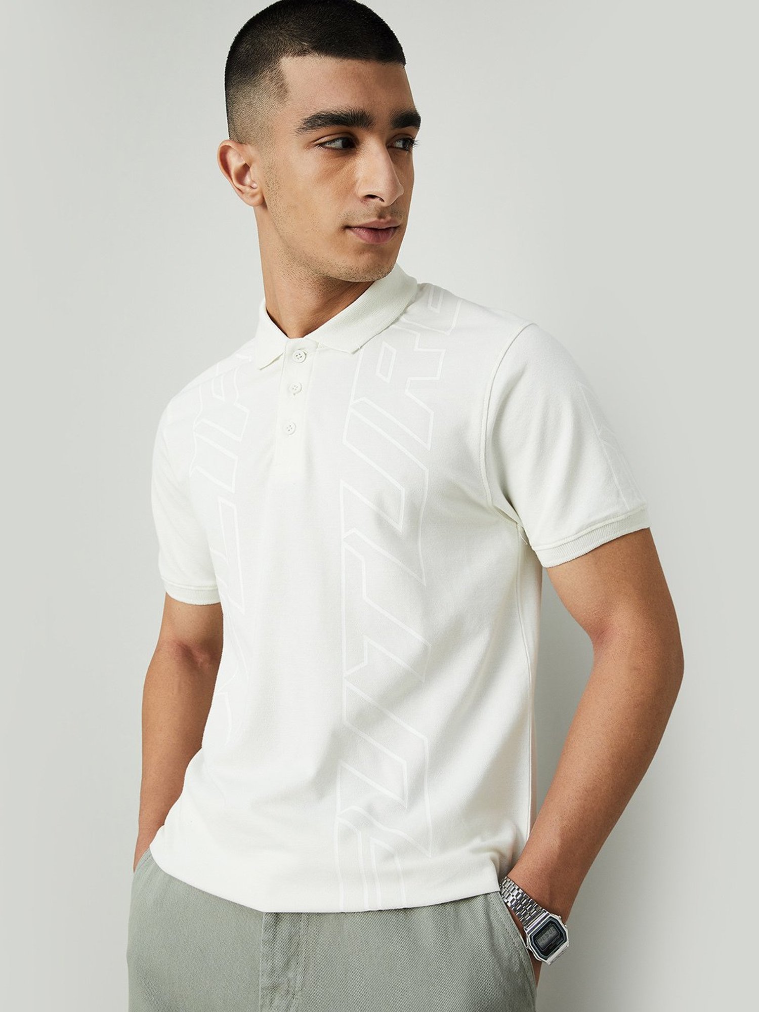 Forca by Lifestyle Off White Regular Fit Printed Polo T-Shirt