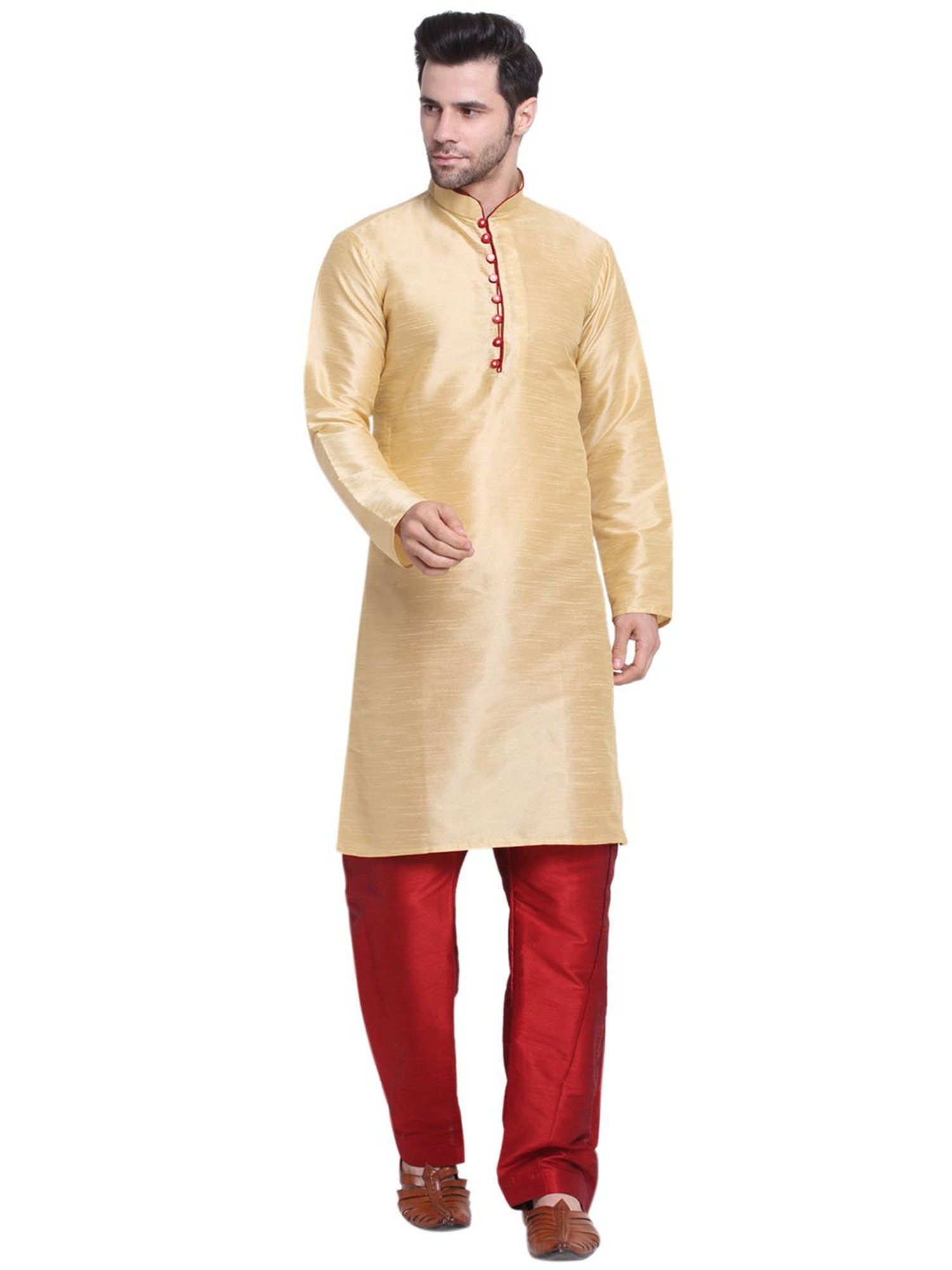 Benstoke Gold & Maroon Regular Fit Straight Kurta & Pyjamas Set