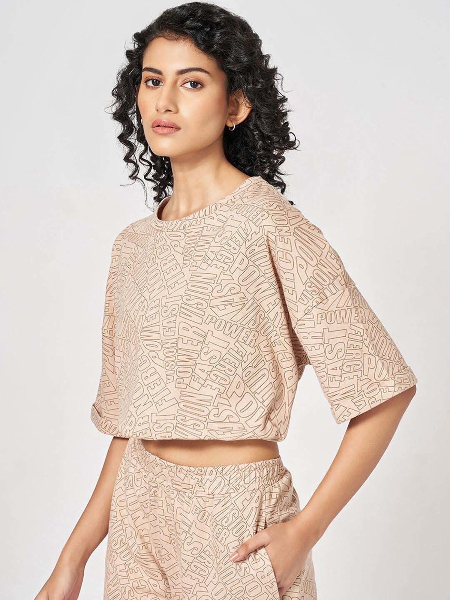 Ajile by Pantaloons Beige Cotton Printed Cropped T-Shirt