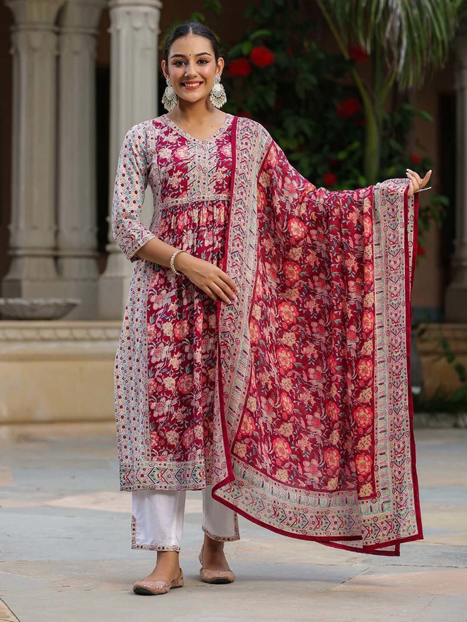 Rain and Rainbow Wine & White Cotton Floral Print Kurta With Pant & Dupatta