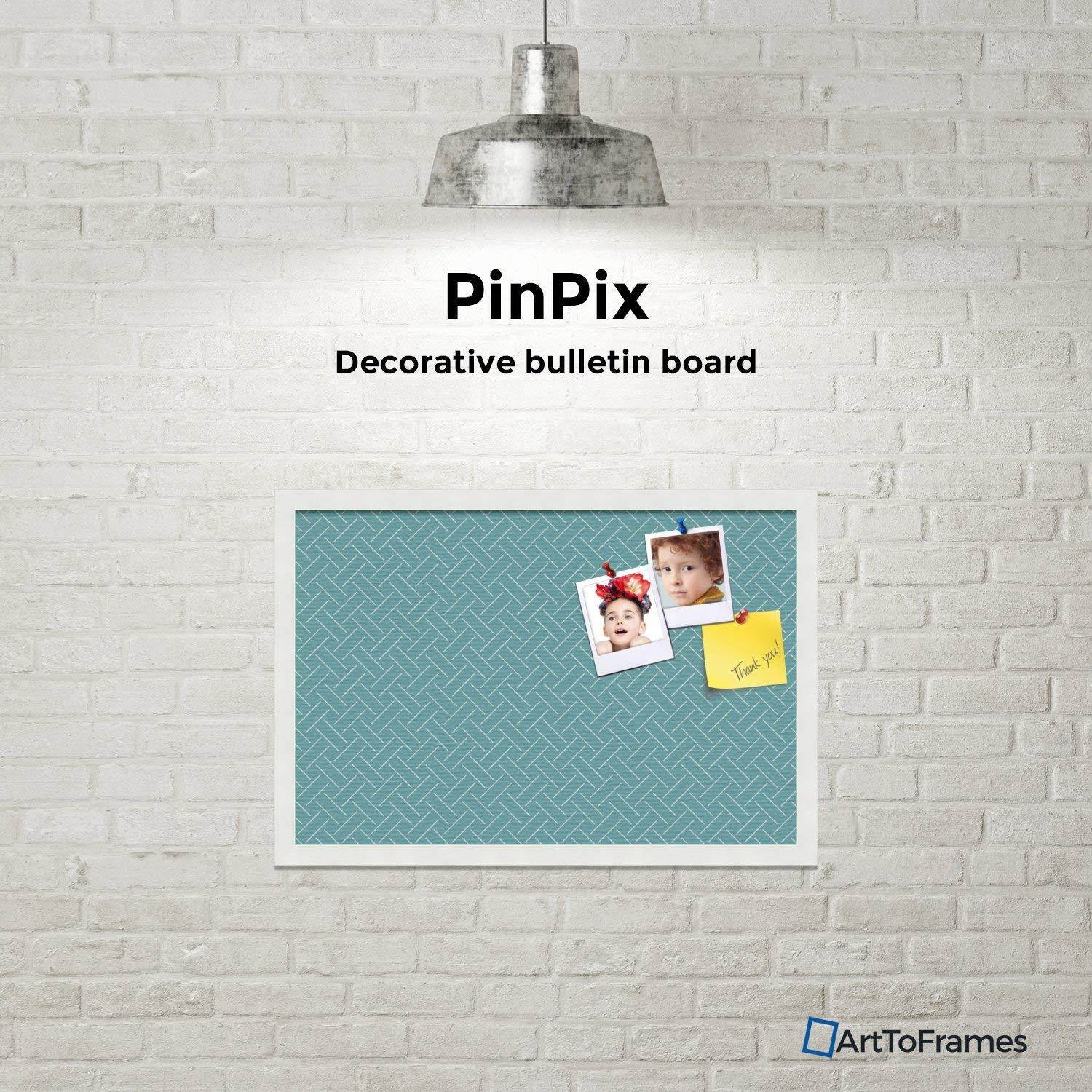 PinPix custom printed pin cork bulletin board made from canvas, Lattice Aqua 24x16 Inches (Completed Size) and framed in Satin White Frame (PinPix-Group-91)