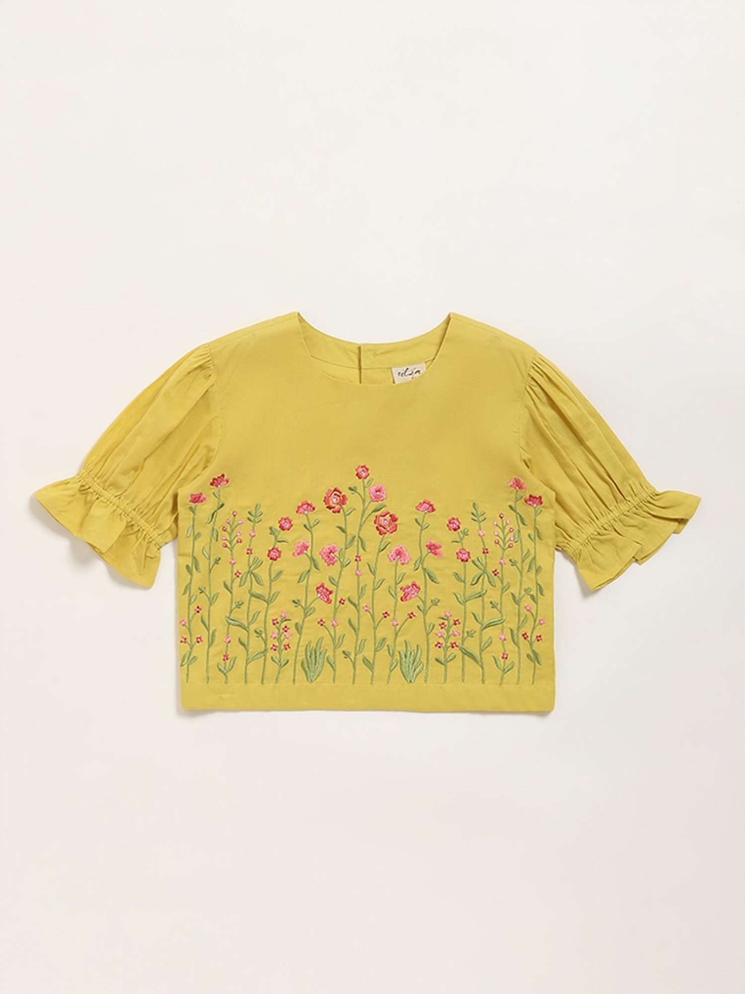 Utsa Kids by Westside Mustard Floral Embroidered Cotton Top