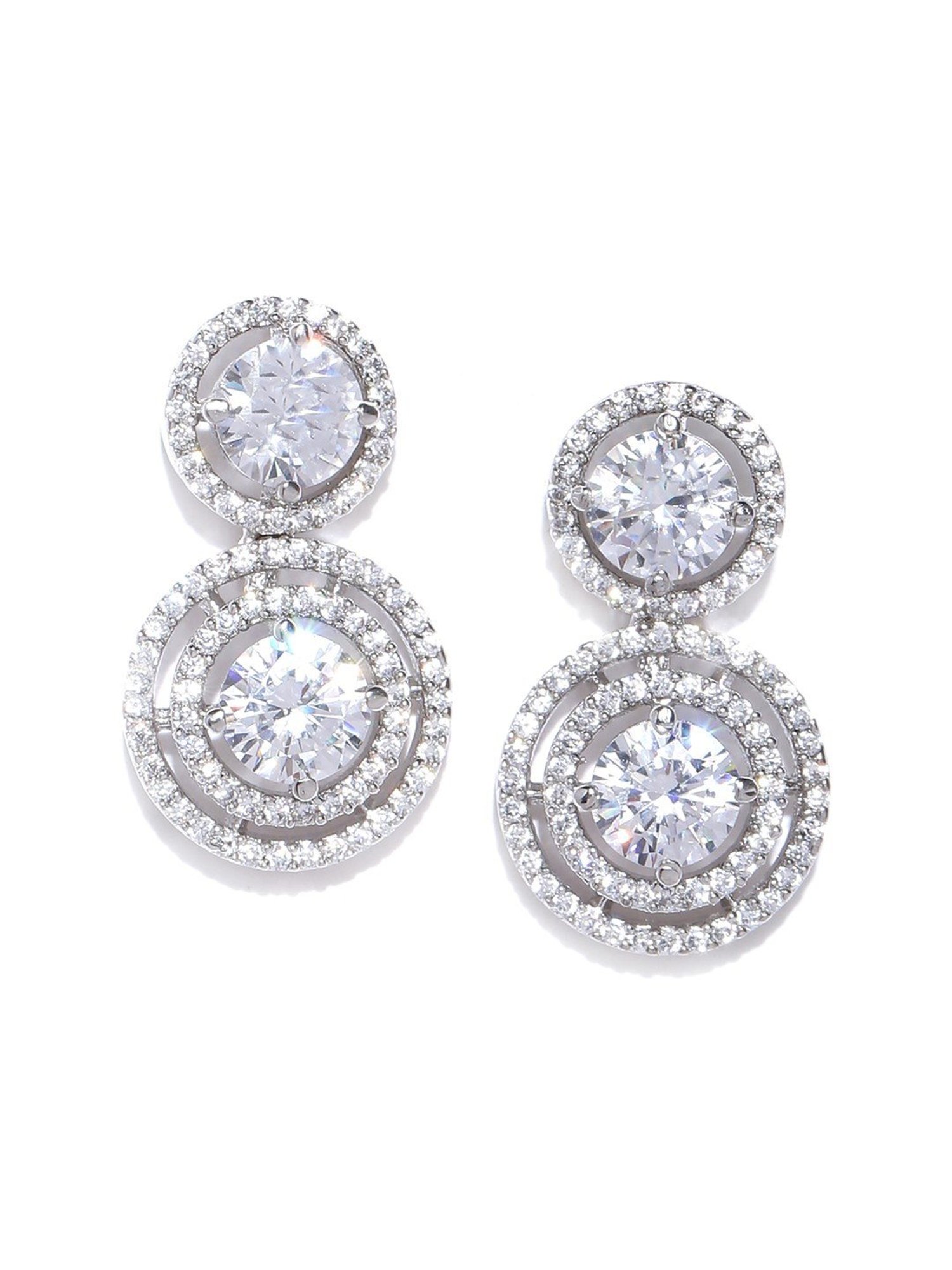 Priyaasi Rhodium-Plated American Diamond Studded Circular Drop Earrings