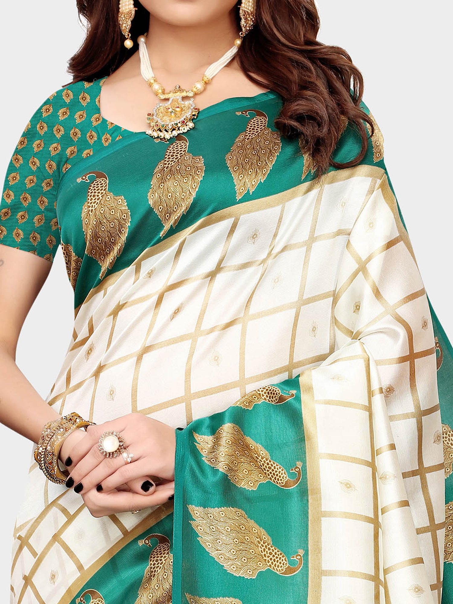 KSUT Ivory & Turquoise Check Saree With Blouse