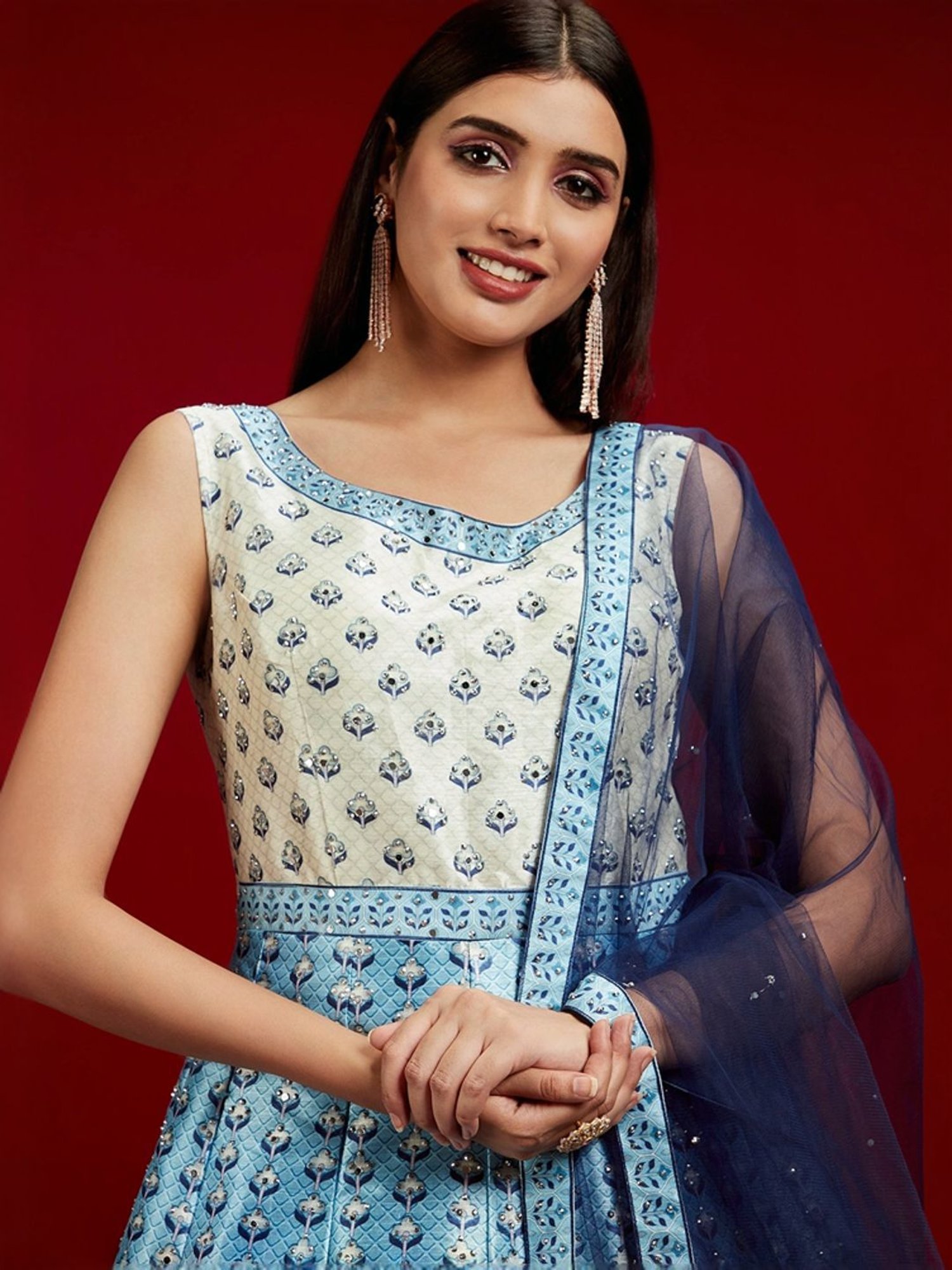 Libas Art Blue & White Printed Maxi Dress With Dupatta