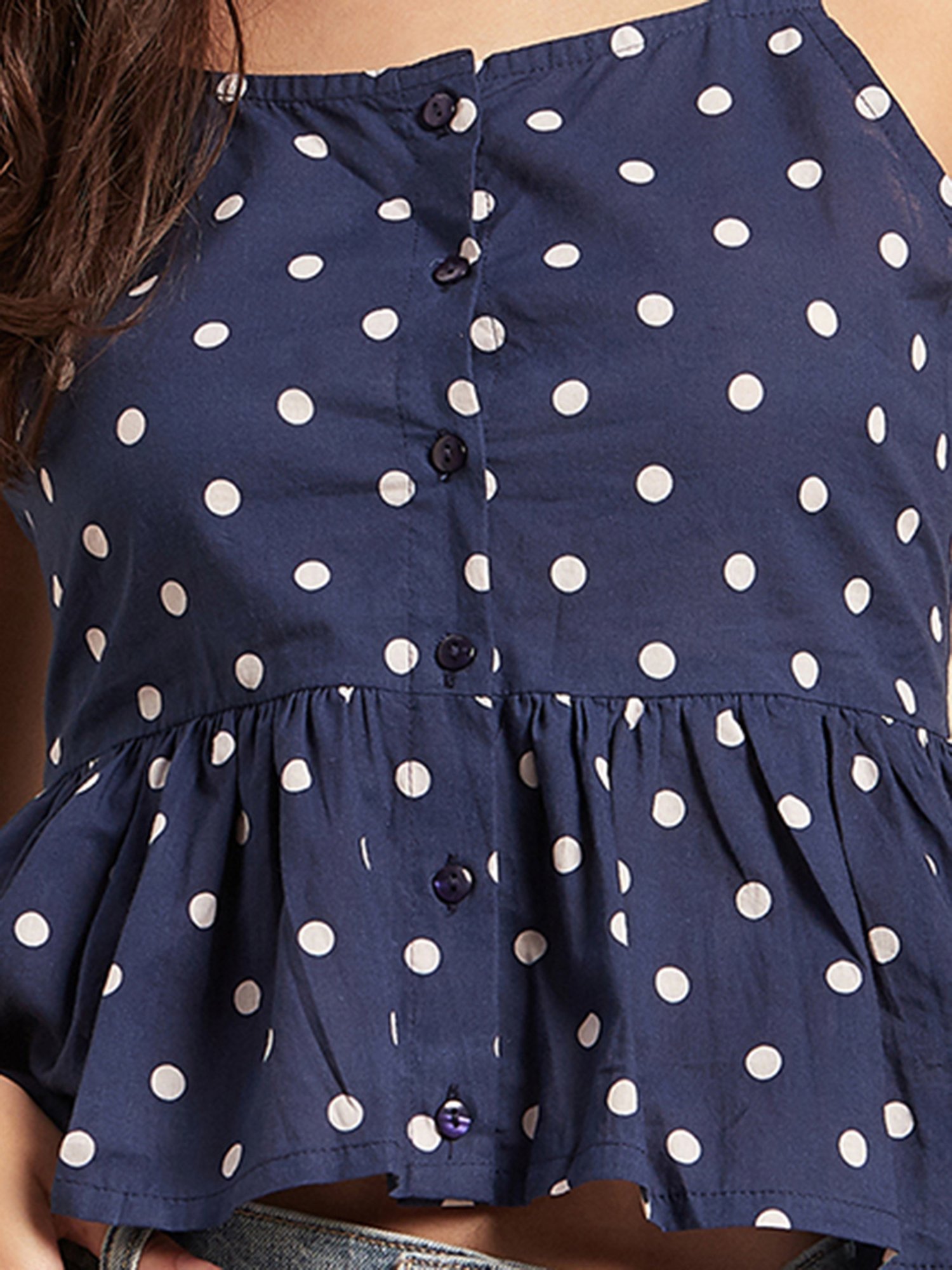 Moomaya Navy Polka Dot Peplum Top