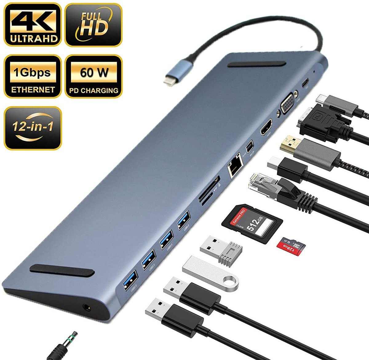 USB C HUB 12 in 1 Docking Station 4K@30Hz HDMI, Mini DP, 4 USB 3.0, RJ45 Ethernet, VGA 1080P, SD/TF Card Reader, 60W PD Charging Power, 3.5mm Audio for Macbook and Type-C Laptops