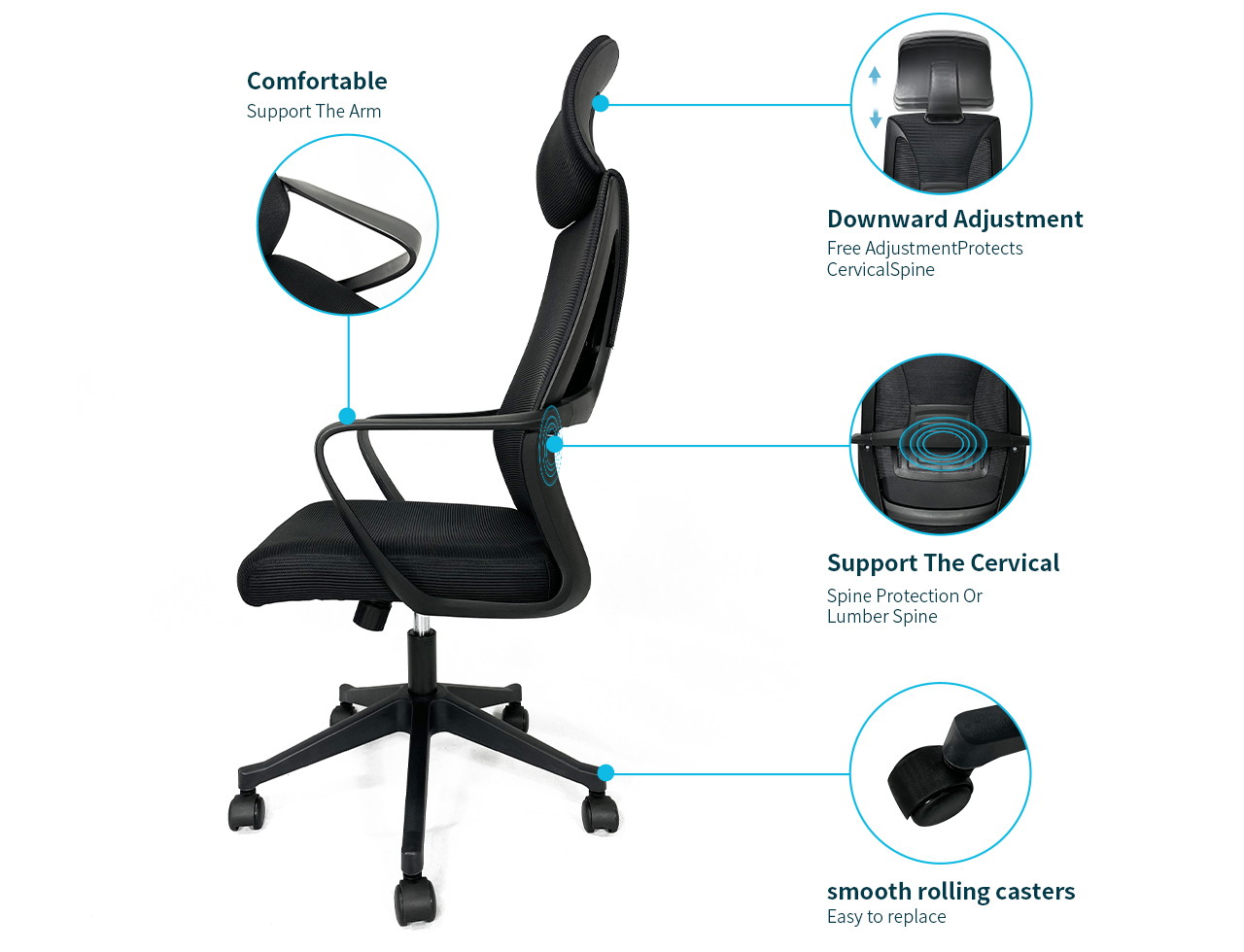 GIAS Ergonomic High-back Mesh Office Chair With Adjustable Headrest Fixed Armrest Lumbar Support&Thick Seat Cushion Swivel Computer Task Chair,black