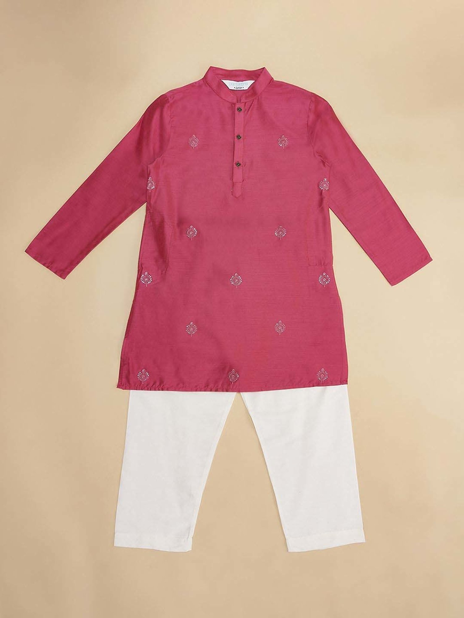 Indus Route by Pantaloons Kids Pink & White Embroidered Full Sleeves Kurta Set