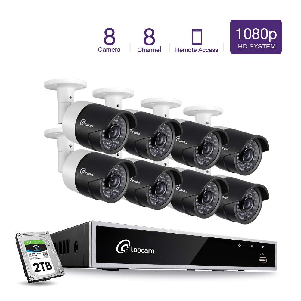 Loocam 1080p Surveillance Security Camera System, 8CH DVR with 2TB HDD 8 x 2.0MP 1920TVL IP67 Weatherproof Indoor/Outdoor CCTV Camera,Automatic 150ft Predator Night Vision and Motion Detection(88030T)