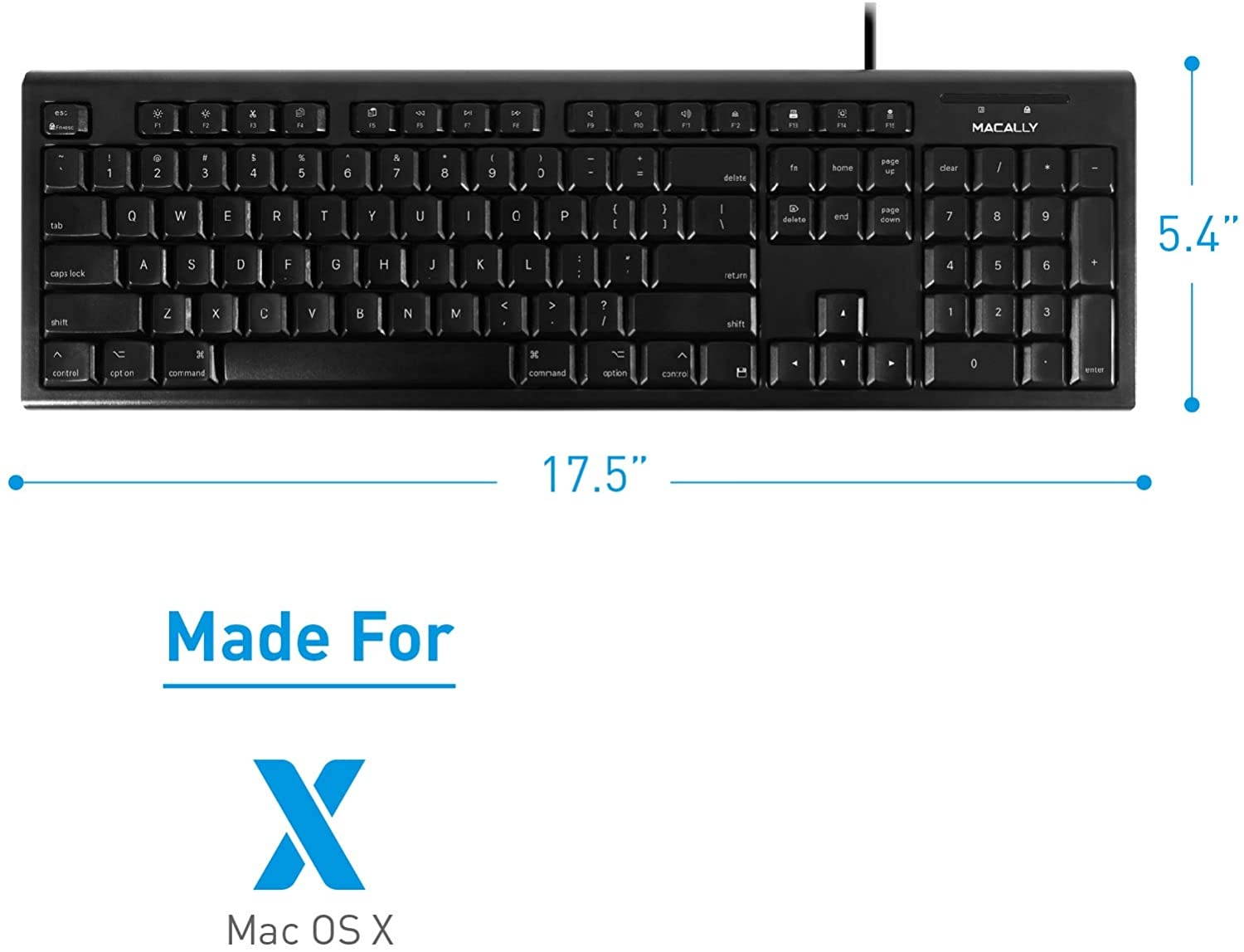 Macally Full Size Mac Wired Keyboard - Compatible with All Macs with USB Port - Durable Mac Keyboard with Number Pad & 16 Apple Shortcut Keys - Rubber Keycaps & Spill Proof - QKEYB (Black)