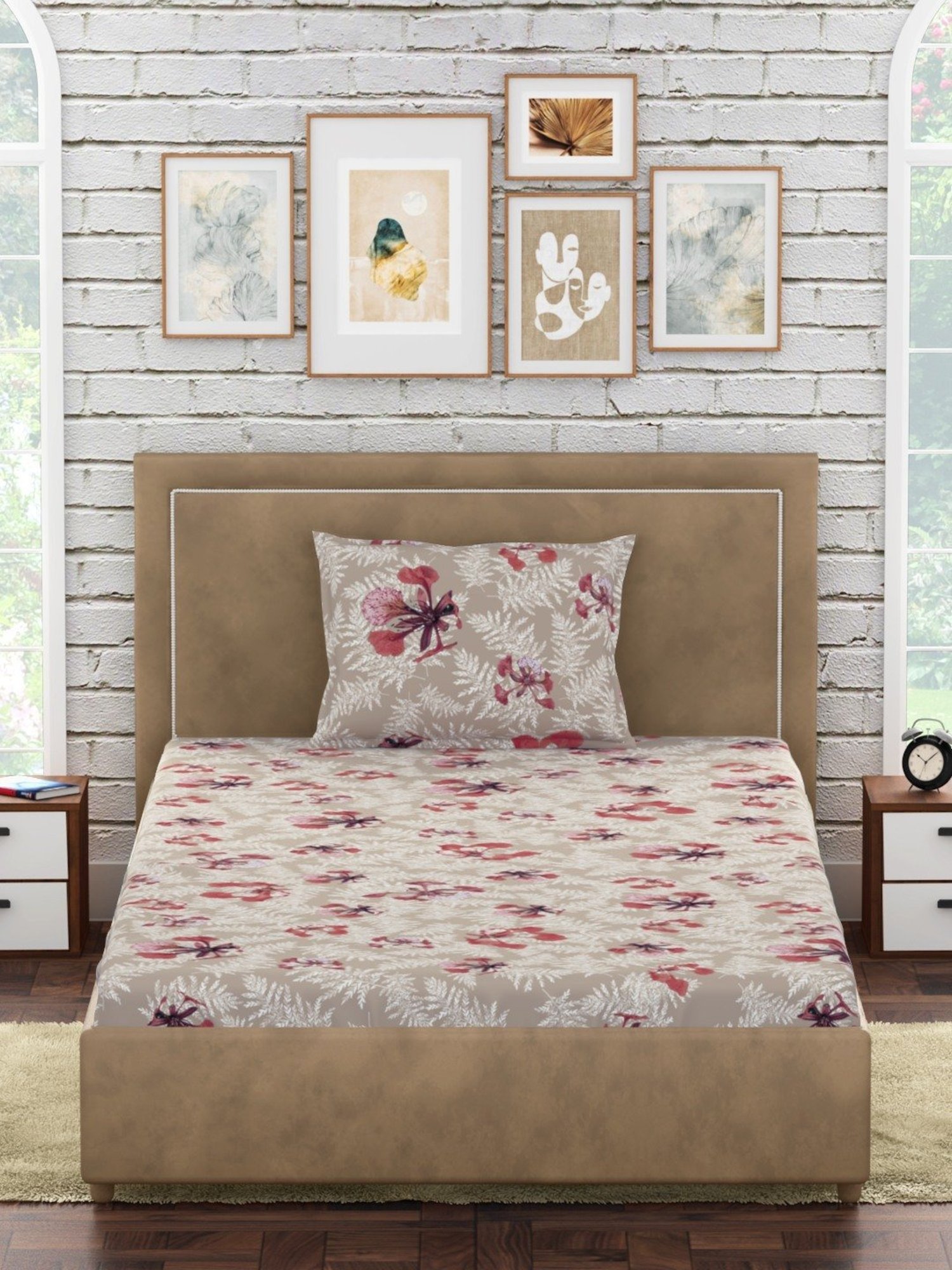 Petal Home Poinciana Floral Beige 300 TC Cotton Single Bed Sheet with 1 Pillow Cover