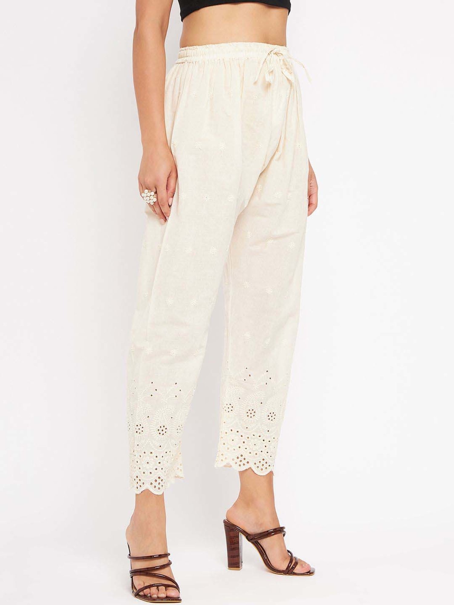 Castle Cream Cotton Embroidered Palazzos