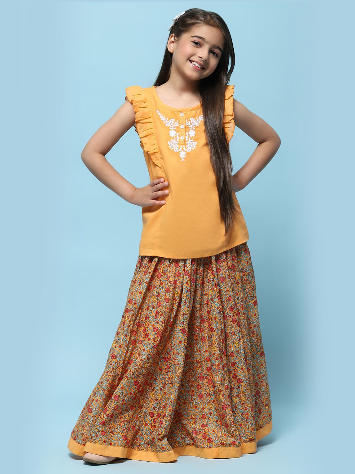 Biba Girls Orange Cotton Embroidered Casual Top and Tees