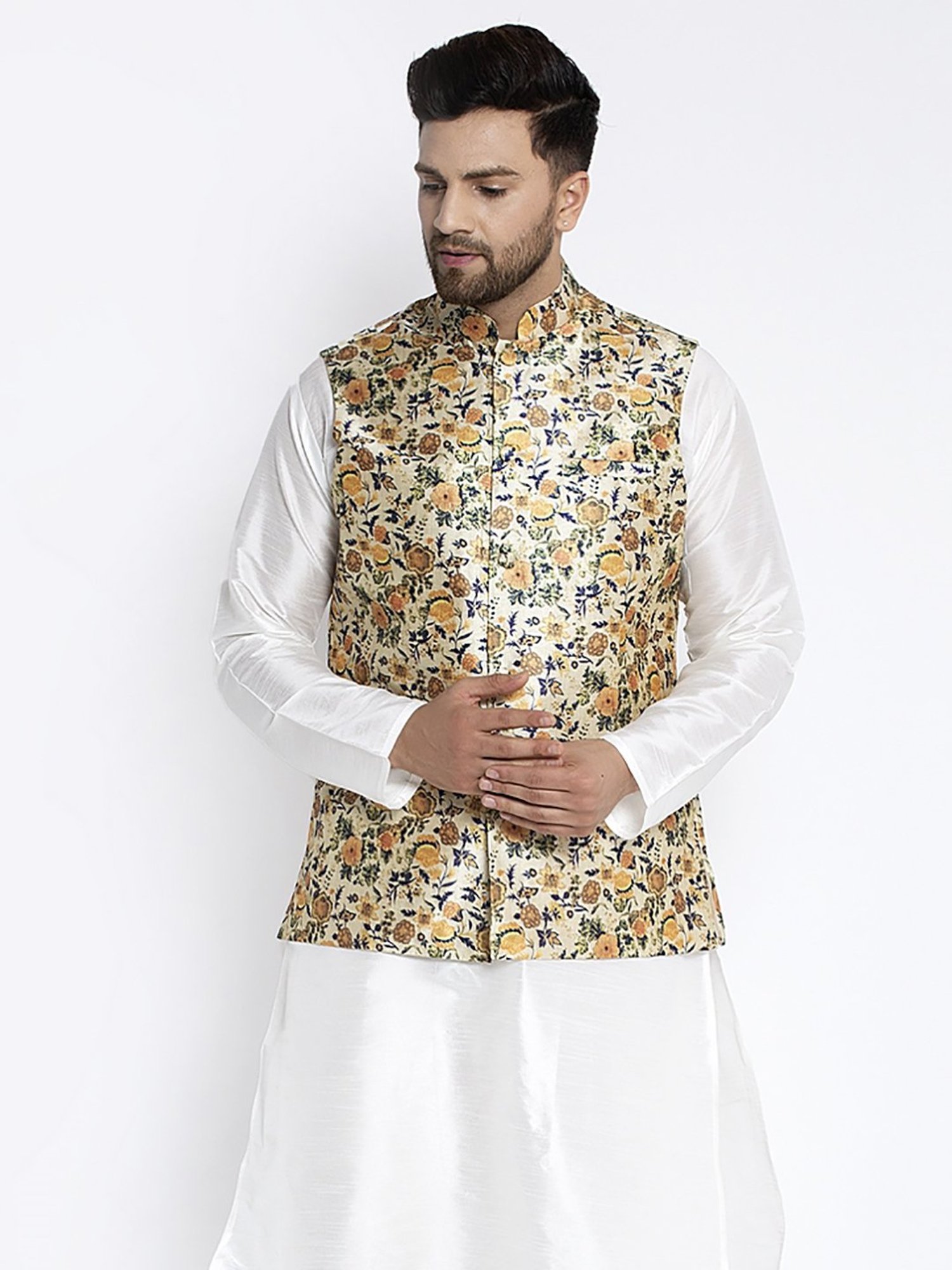 Benstoke Beige Regular Fit Floral Print Nehru Jacket