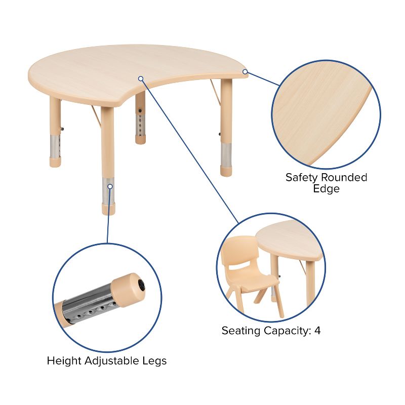 Emma and Oliver 25.125"W x 35.5"L Crescent Natural Plastic Adjustable Activity Table-Seats 4