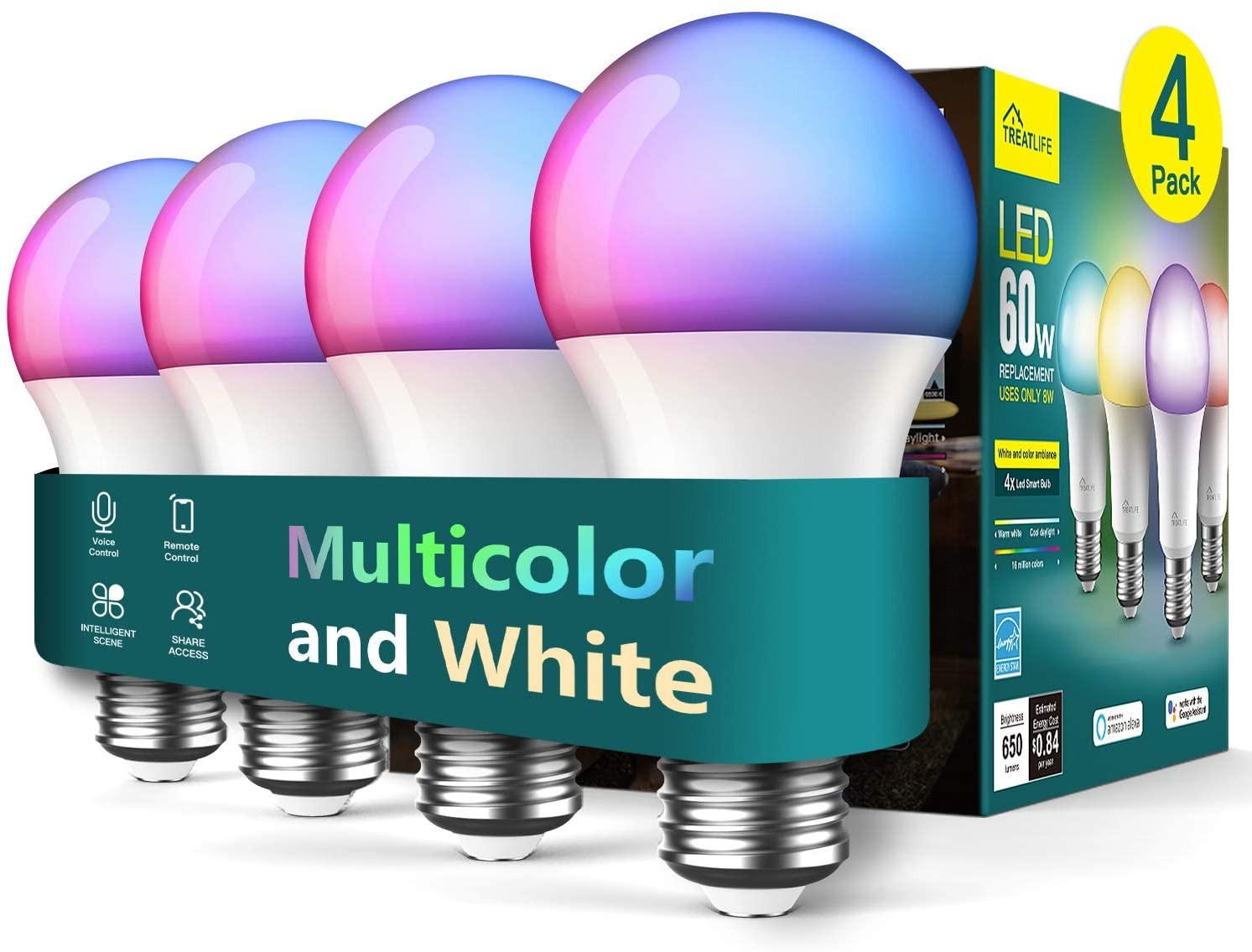 Treatlife Smart Bulb 4 Pack, Color Changing Light Bulb, Works with Alexa and Google Assistant, LED Light Bulbs for Party Decoration, Home Lighting, Decorative Illumination, No Hub Required