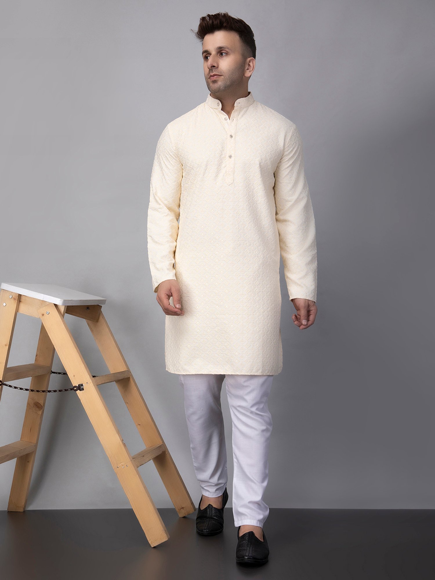 Hangup Cream & White Regular Fit Embroidered Kurta & Pyjamas Set