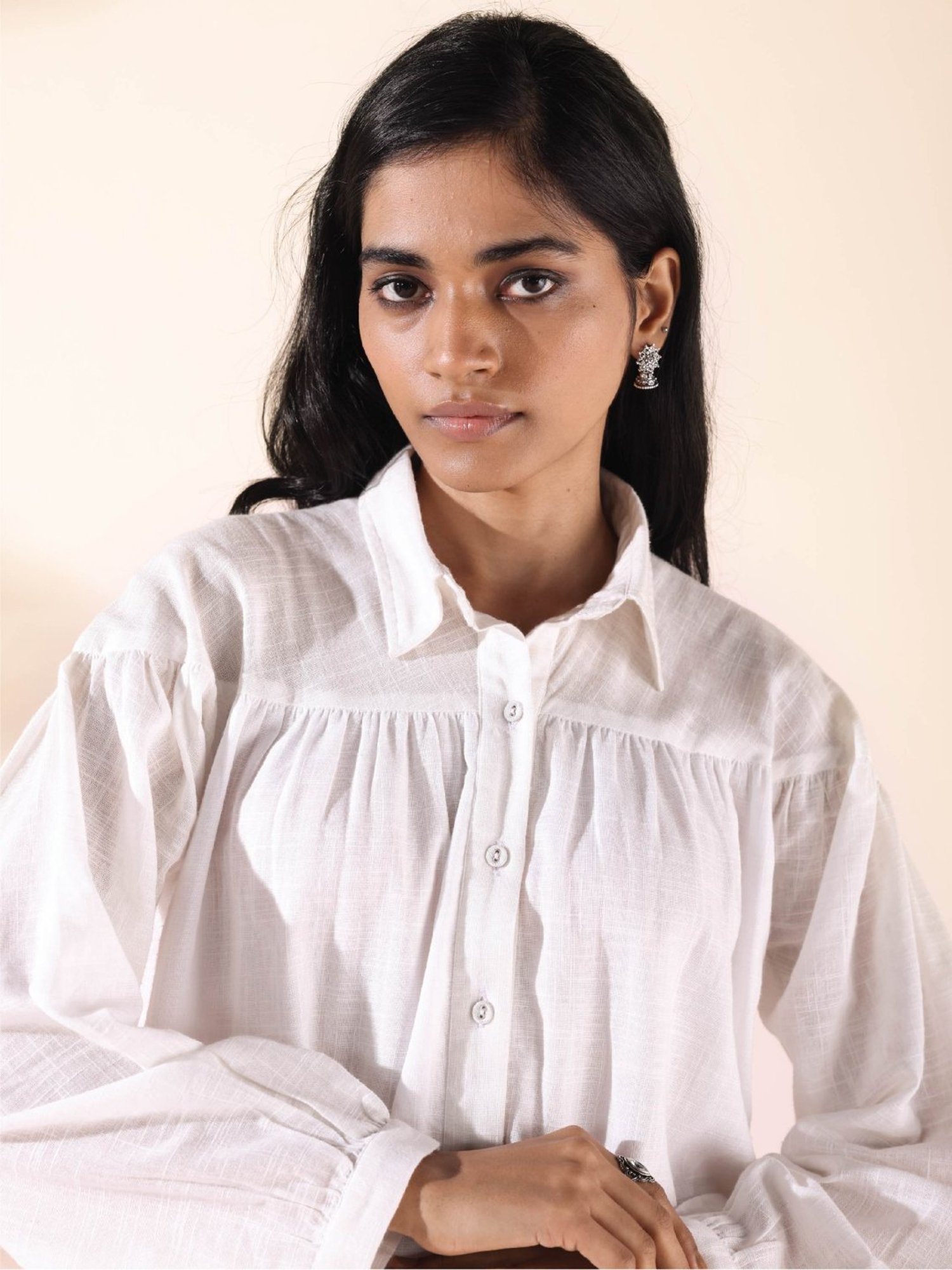 true Browns White Cotton Self Pattern Top Pant Set