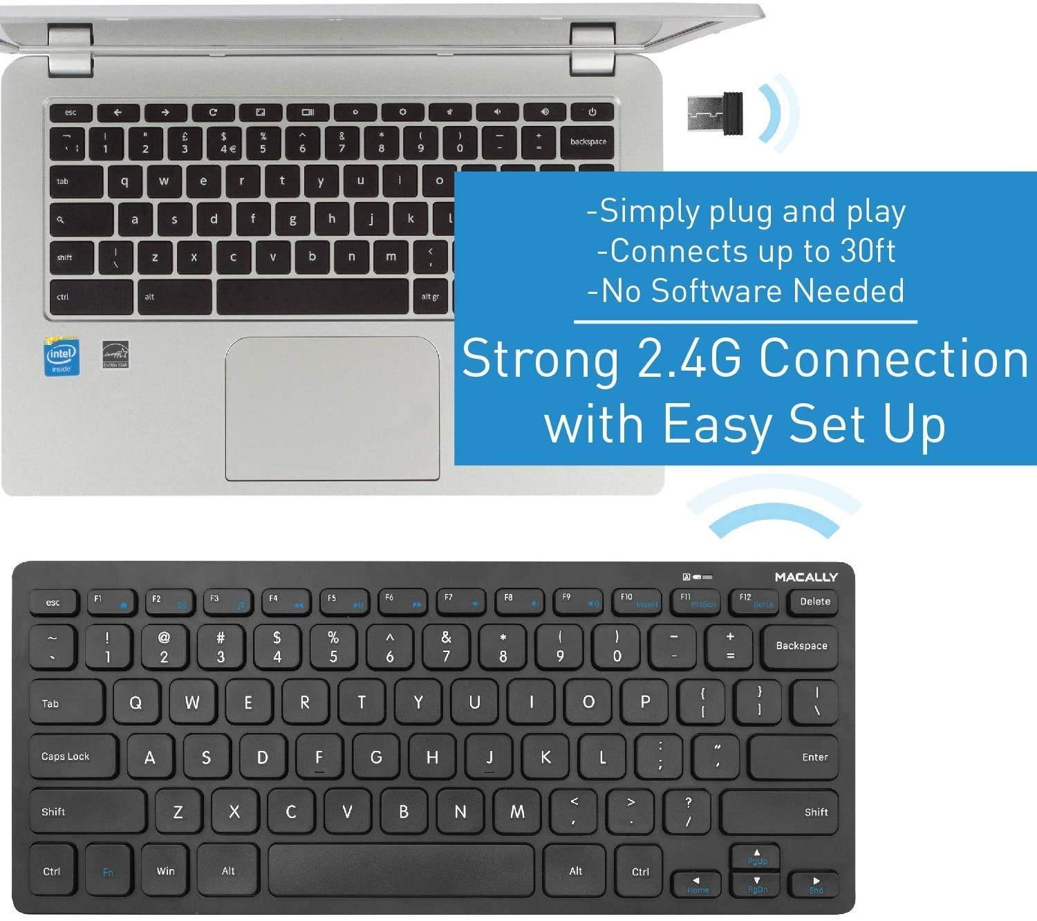 Macally Wireless Mini Keyboard an a Space Grey Vertical Laptop Stand, Scratch Resistant While Aesthetically Pleasing