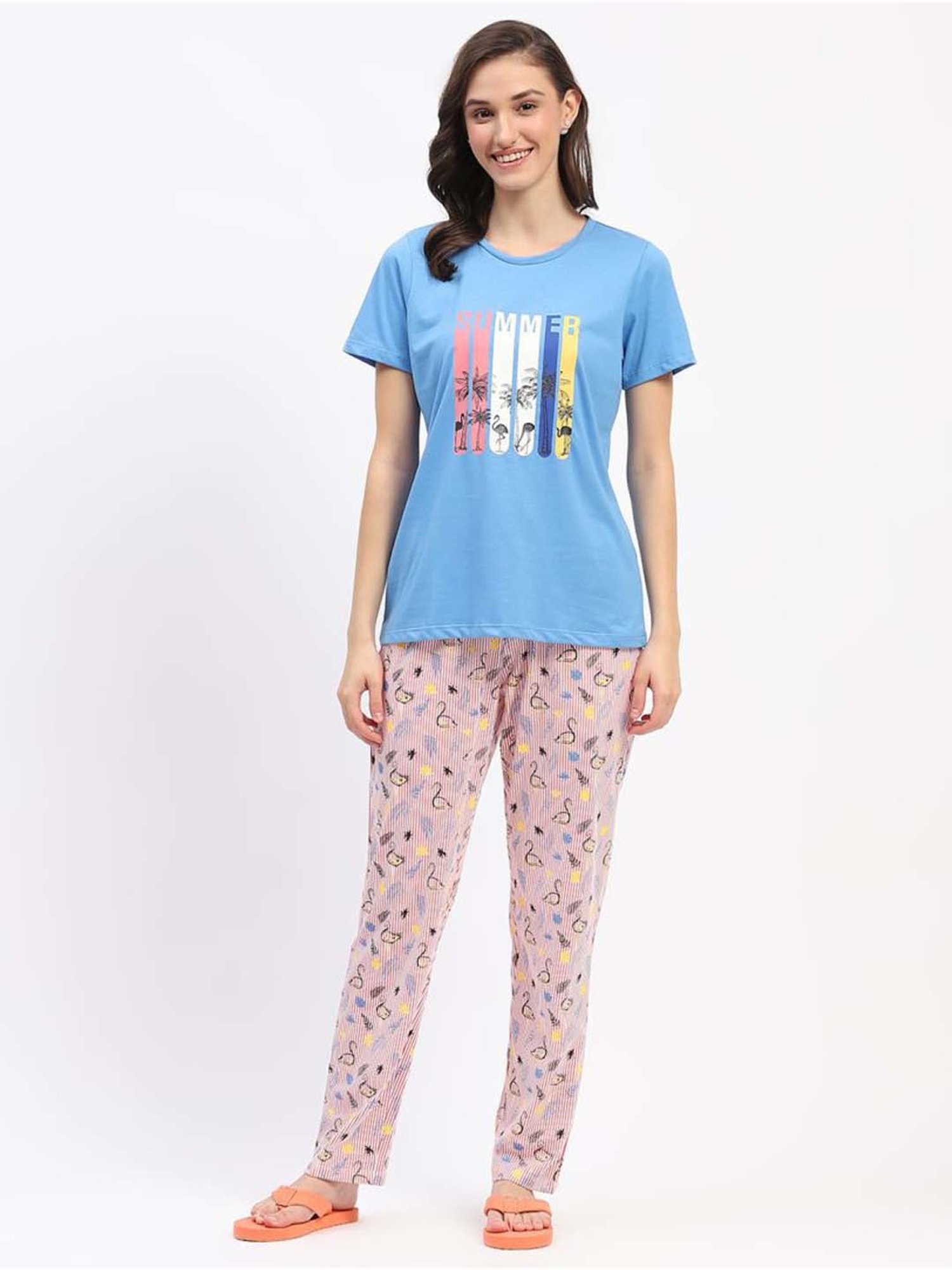 MADAME M Secret Blue Cotton Printed T-Shirt Pyjamas Set