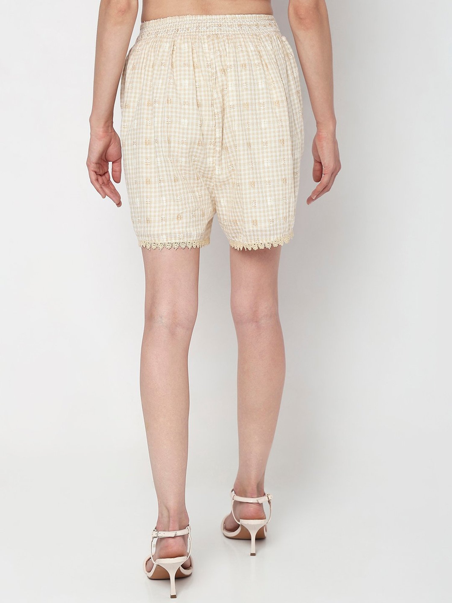 Vero Moda Beige Cotton Checks Shorts