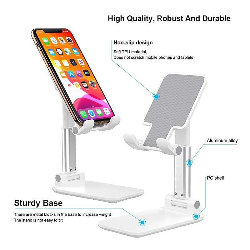 with Adjustable Cell Phone Stand, Fully Foldable Desktop Phone Holder Cradle Dock Holder,Tablet Stand for iPhone X Xr Xs max All Smart Phones and Tablets, iPad(White)