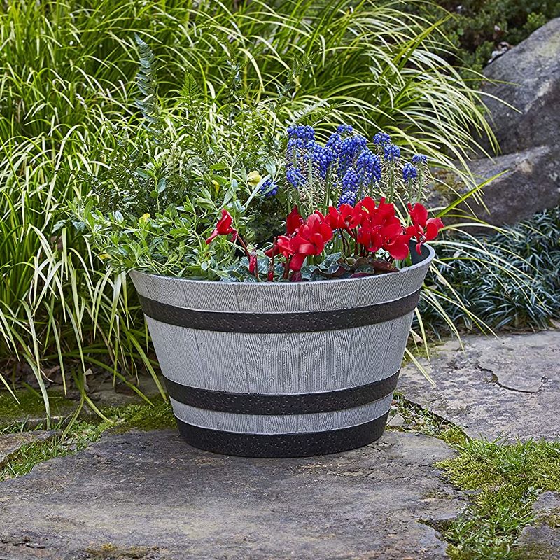 Southern Patio HDR-055457 Resin Whiskey Barrel Indoor Outdoor Garden Planter Pot for Vegetables, Trees, Plants, and Flowers, Gray