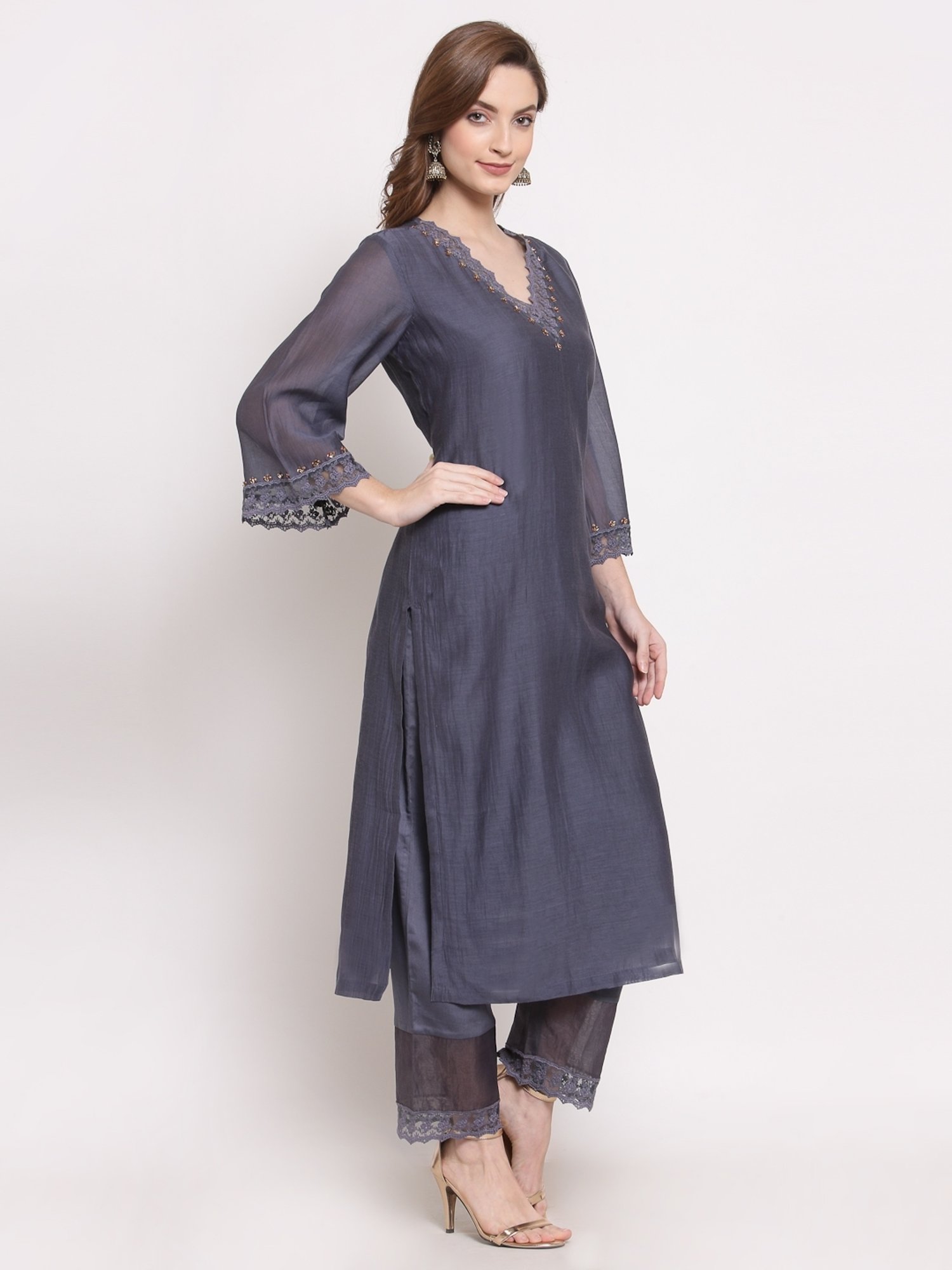 DART STUDIO Grey Embroidered Straight Kurta