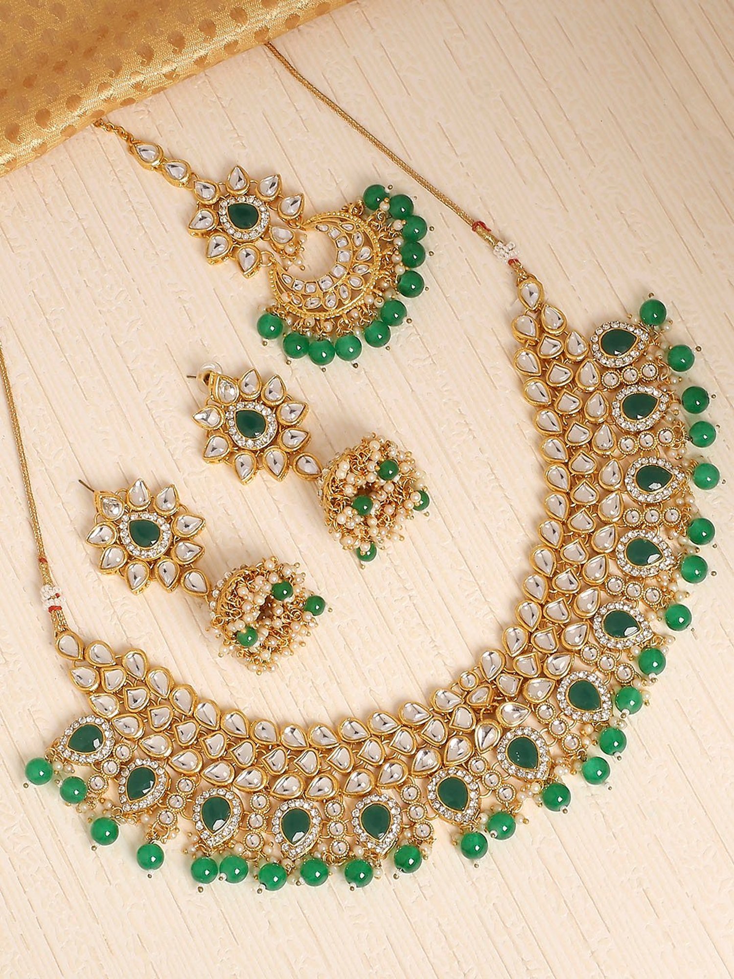 OOMPH Green Stone Kundan & Pearls Necklace Set with Drop Jhumka Earrings & Maangtikka