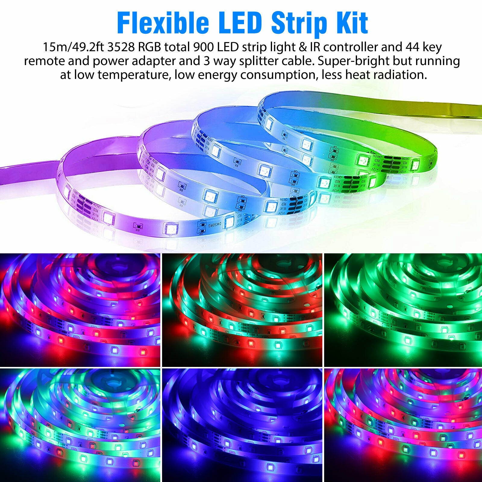 49.2ft/15M RGB Flexible 3528 SMD 900 LED Strip Light 44Key Remote 12V Power Kit